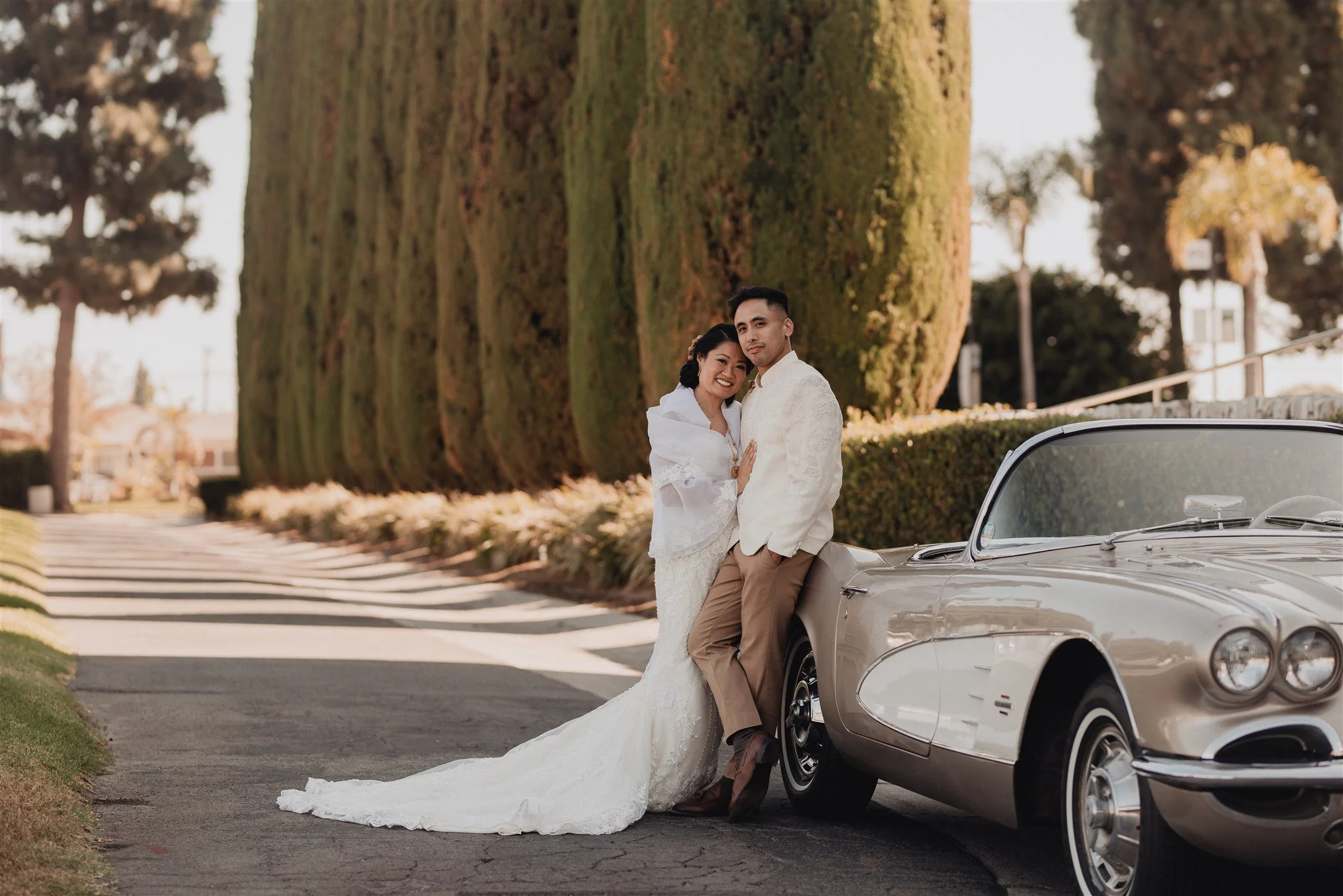 bride and groom location shoot in garden grove, california on their wedding day