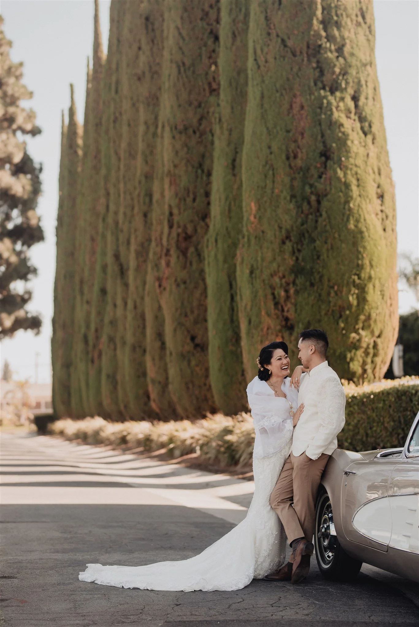 bride and groom location shoot in garden grove, california on their wedding day