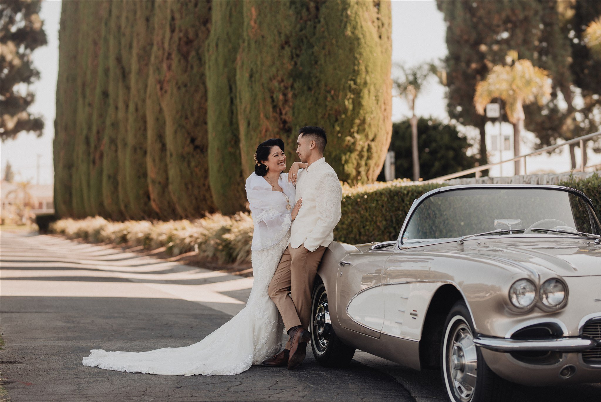 bride and groom location shoot in garden grove, california on their wedding day
