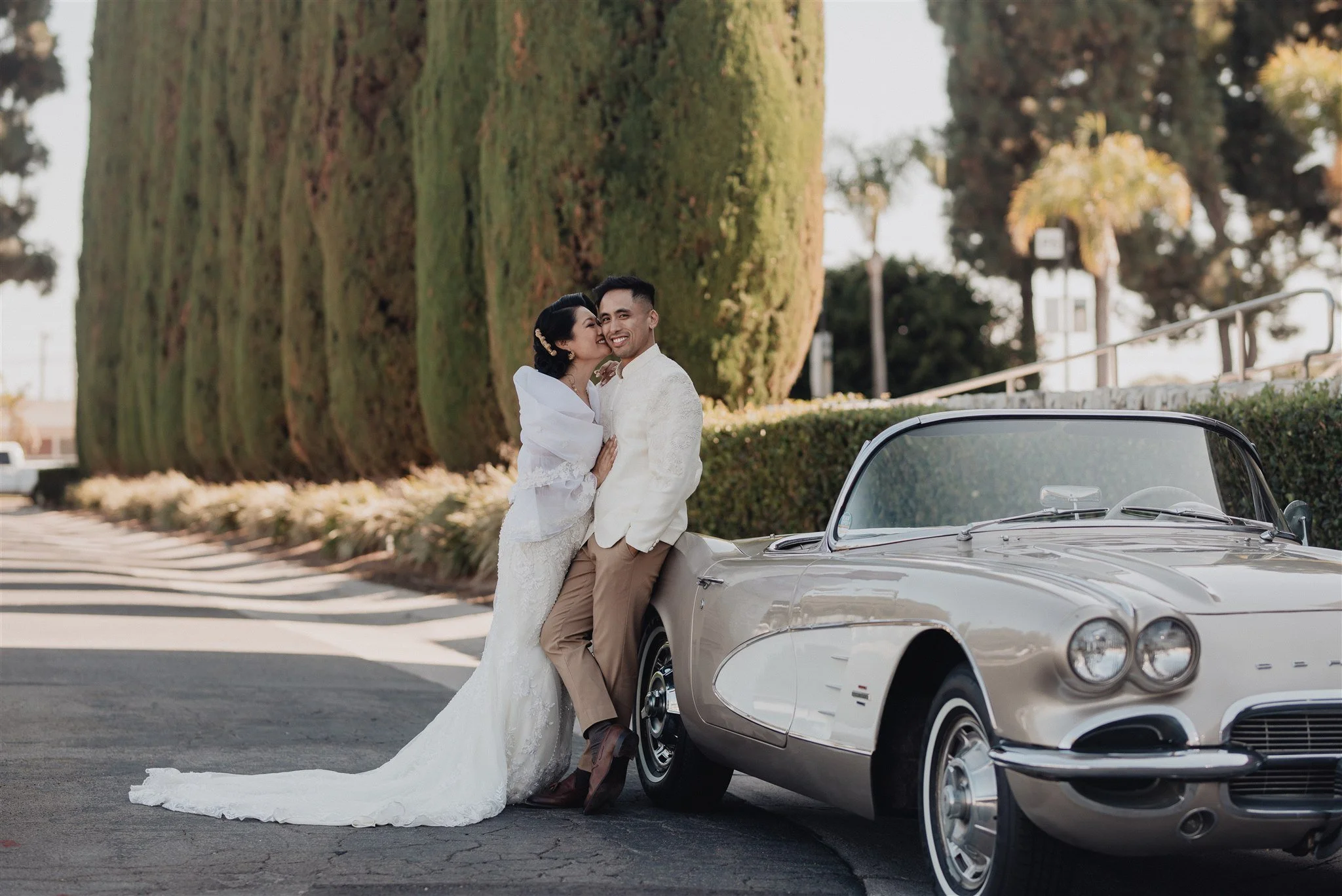 bride and groom location shoot in garden grove, california on their wedding day