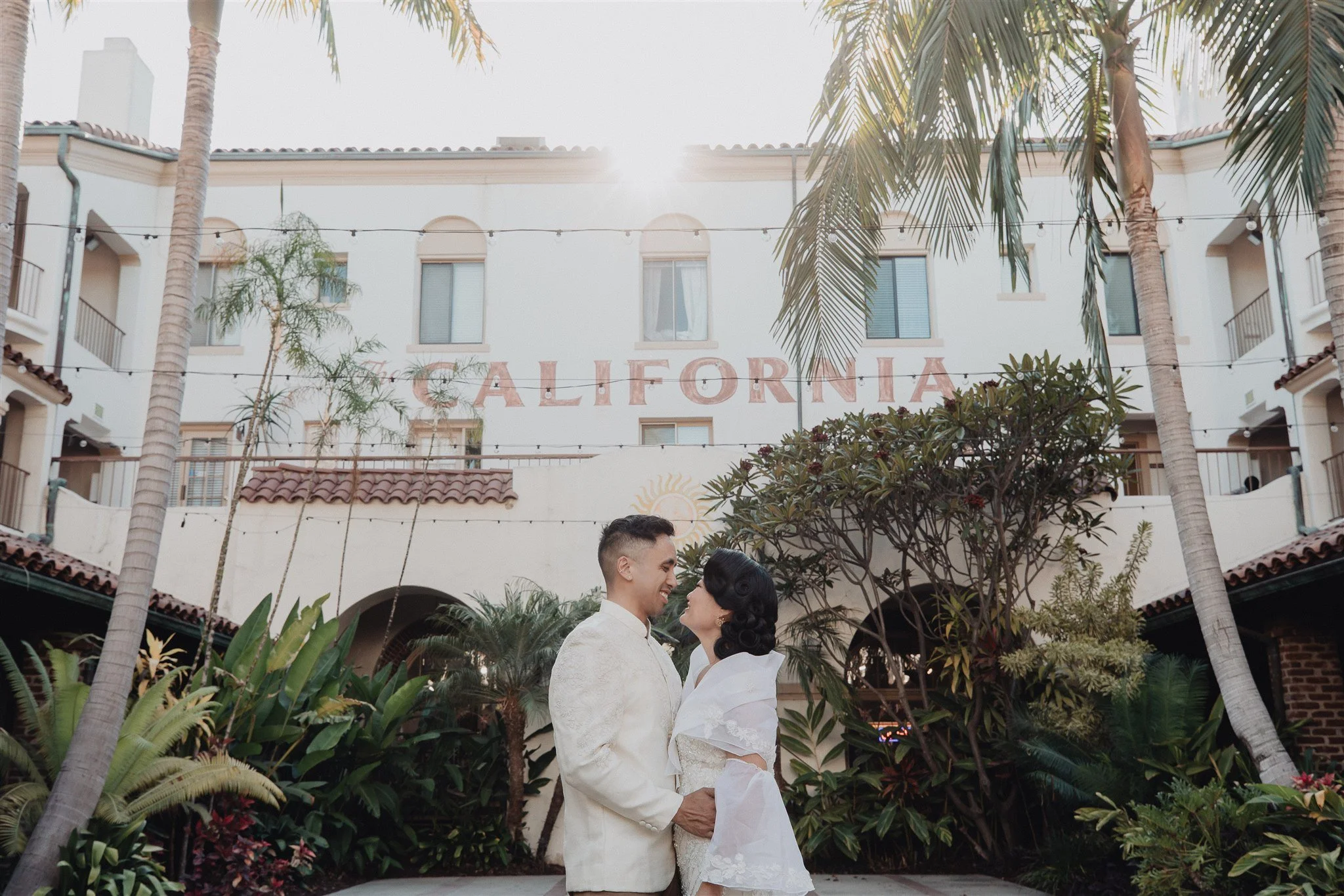 bride and groom location shoot in garden grove, california on their wedding day
