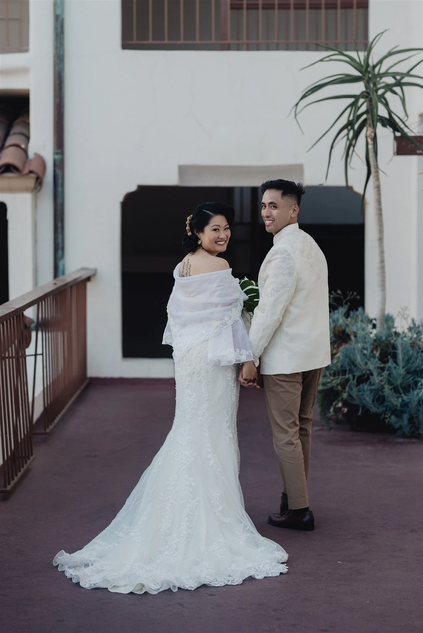 bride and groom location shoot in garden grove, california on their wedding day
