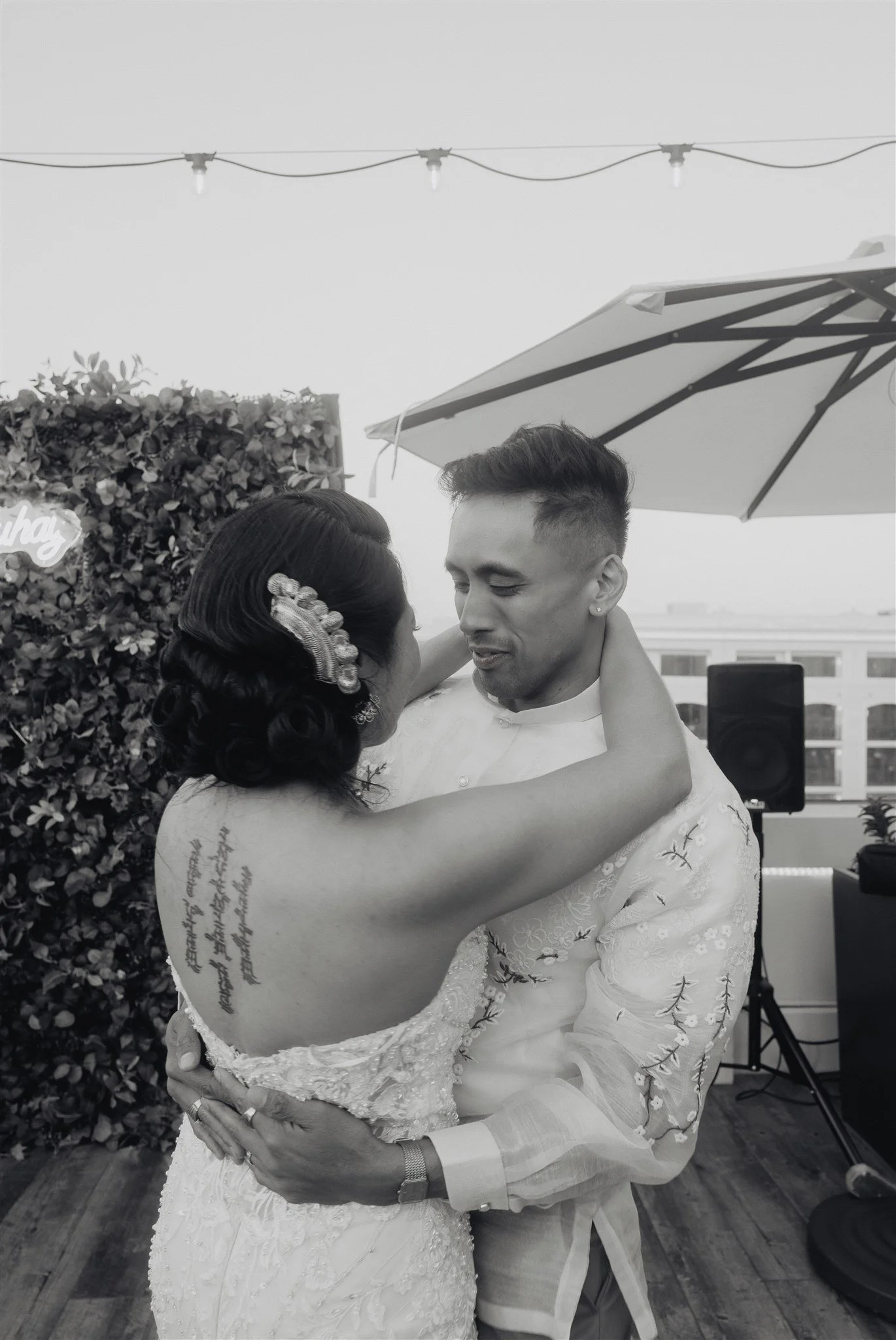 bride and groom first dance at their wedding reception at california adventure disney park