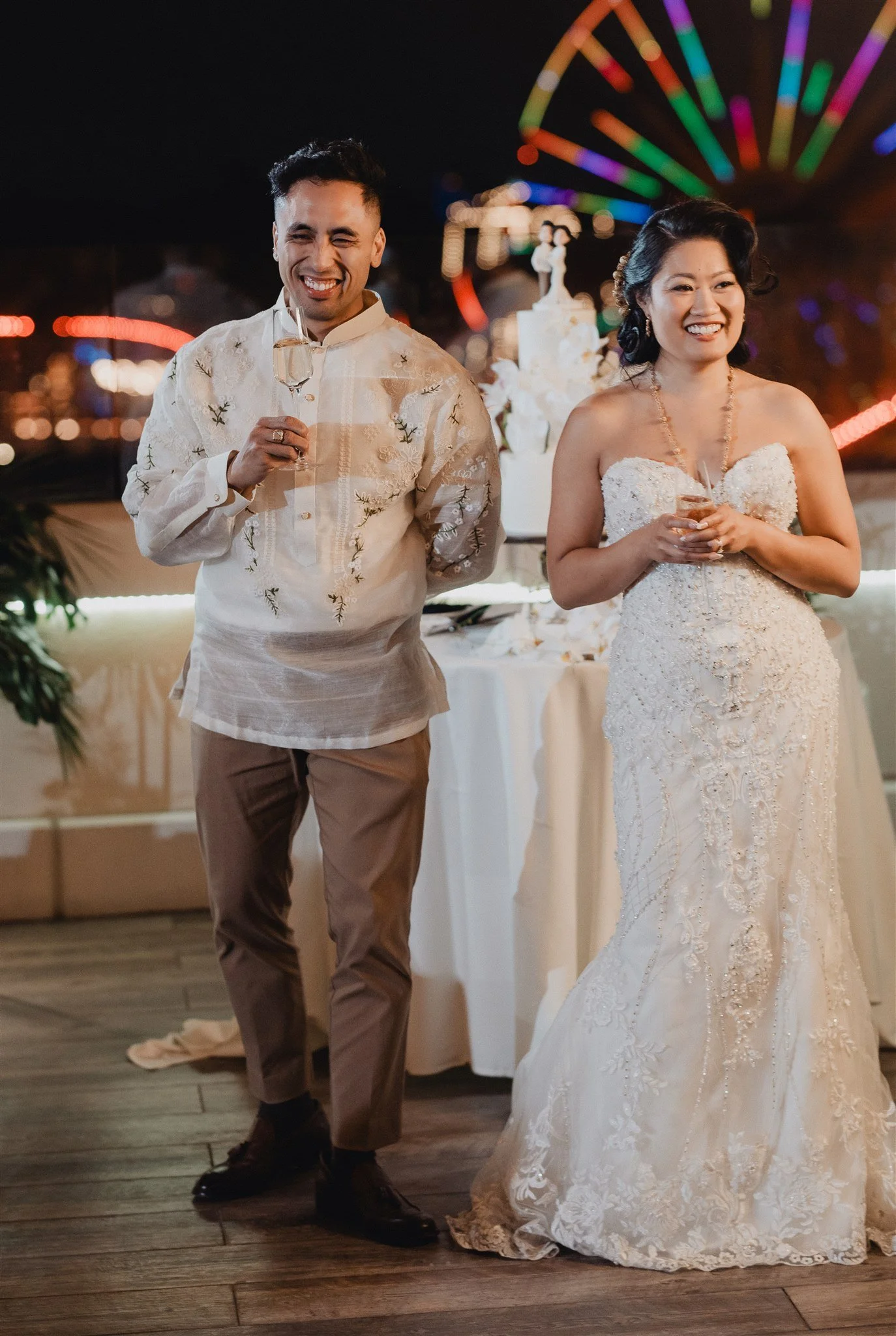 bride and groom first dance at their wedding reception at california adventure disney park