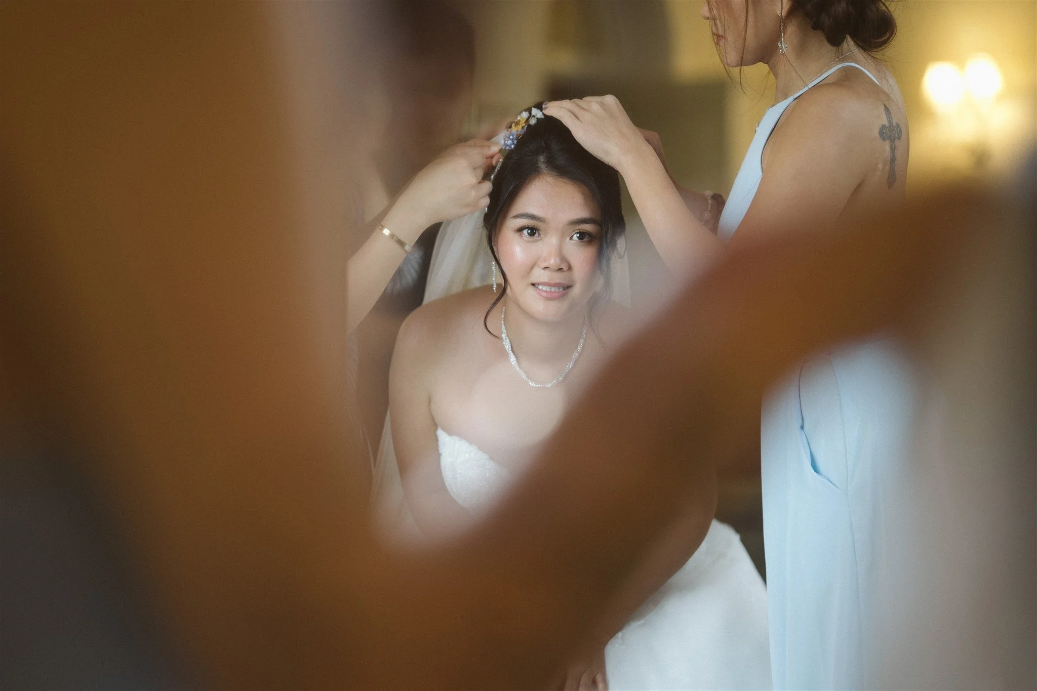 bride getting for her wedding day at the neighborhood church