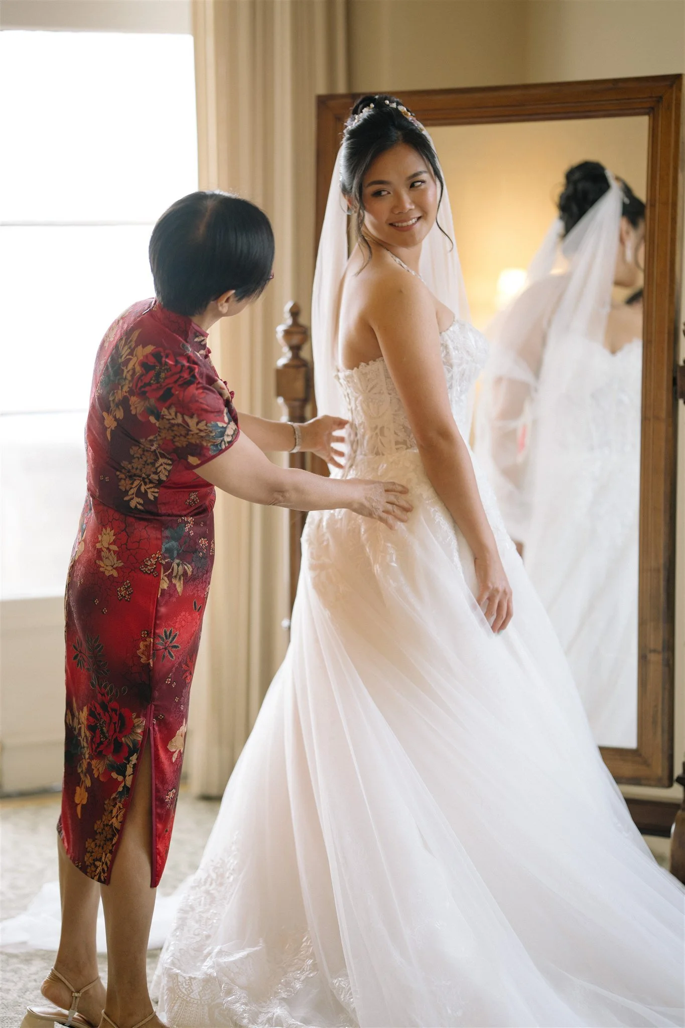 bride getting for her wedding day at the neighborhood church