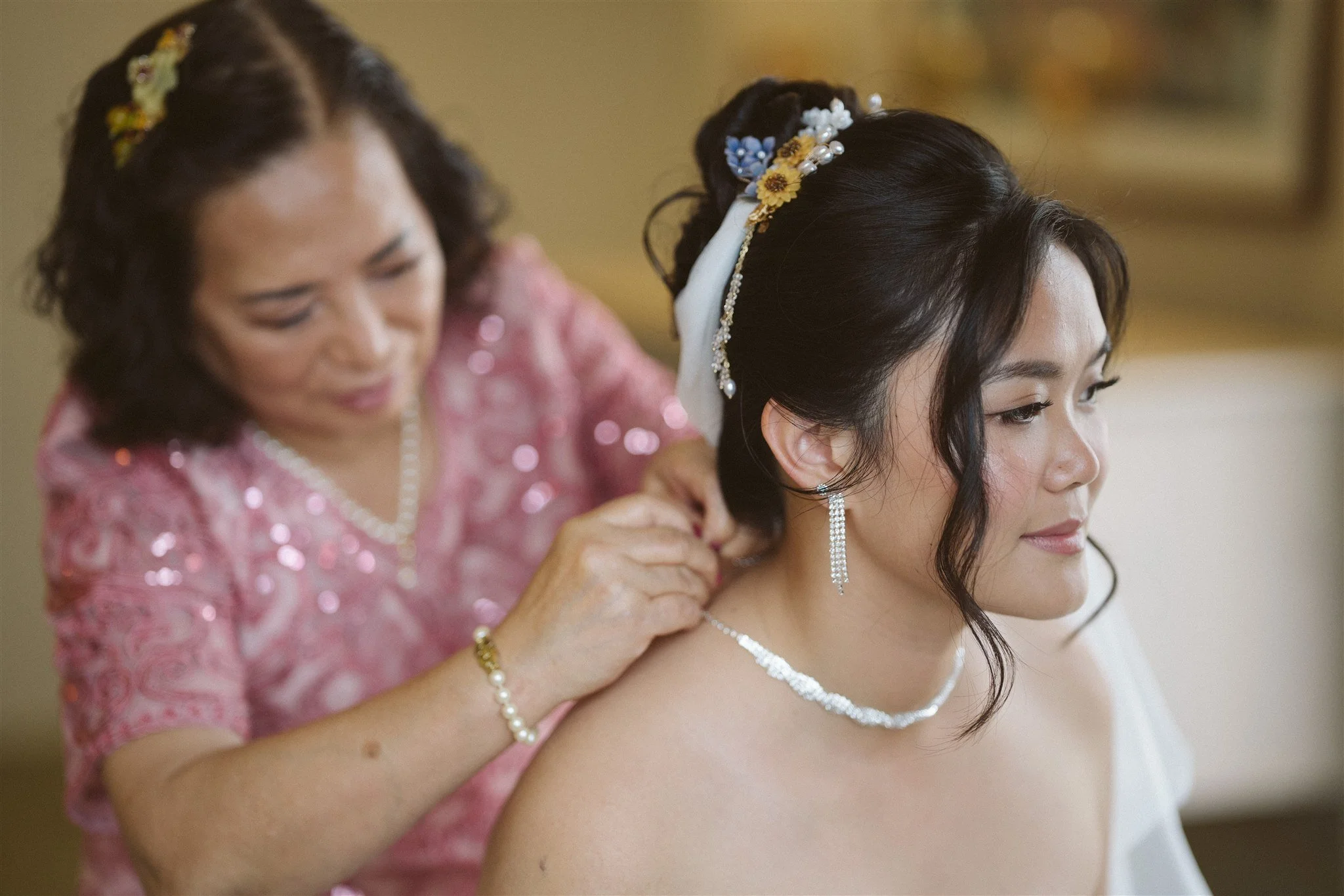 bride getting for her wedding day at the neighborhood church