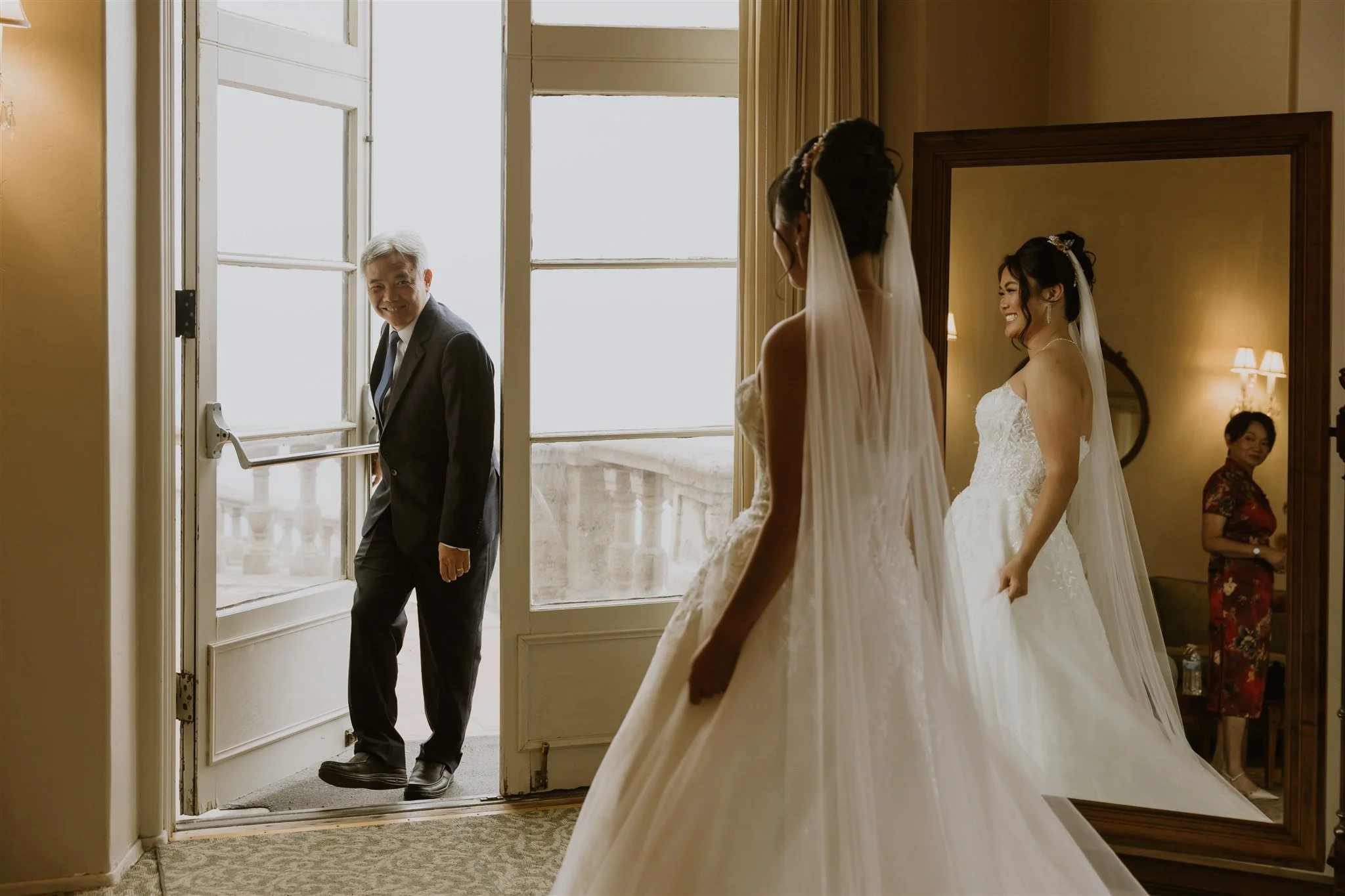 bride first look with her dad on her wedding day at the neighborhood church