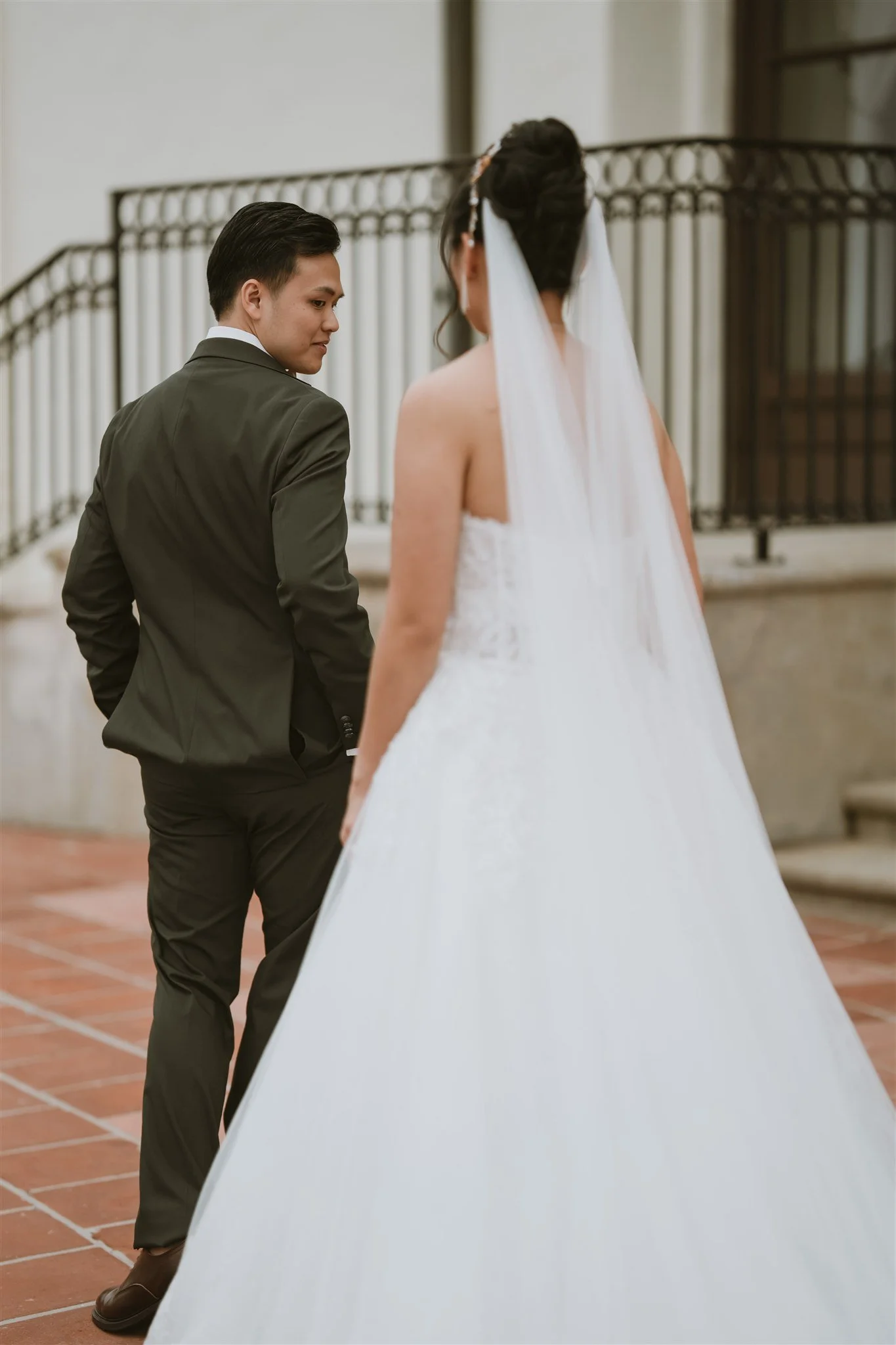bride and groom first look on their wedding day at the neighborhood church