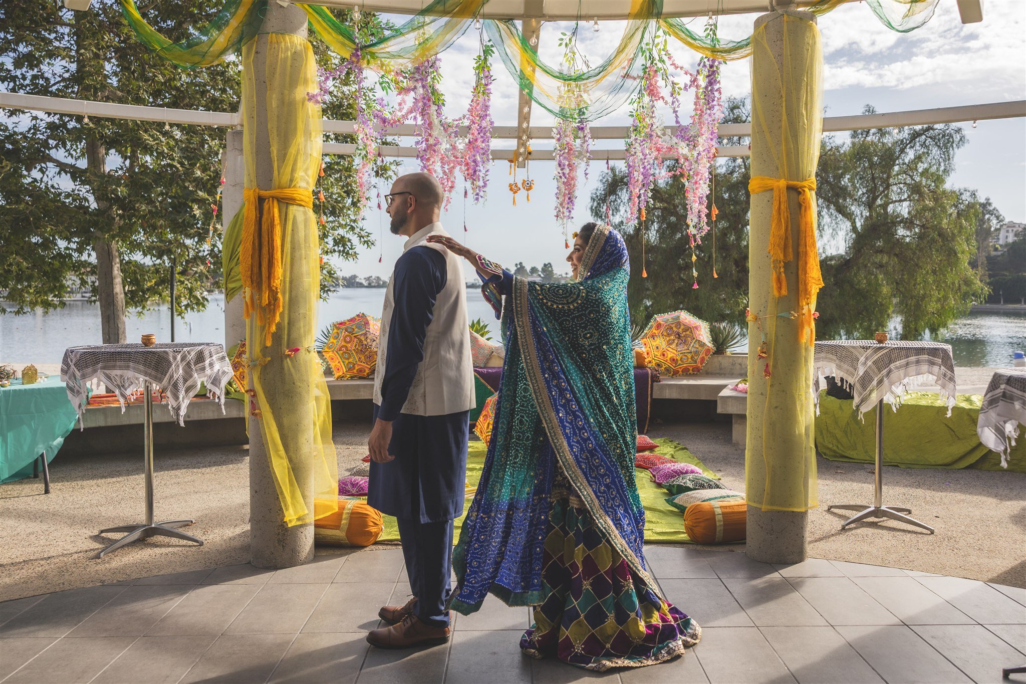 bride and groom first look at their pre-wedding event at lake mission viejo clubhouse