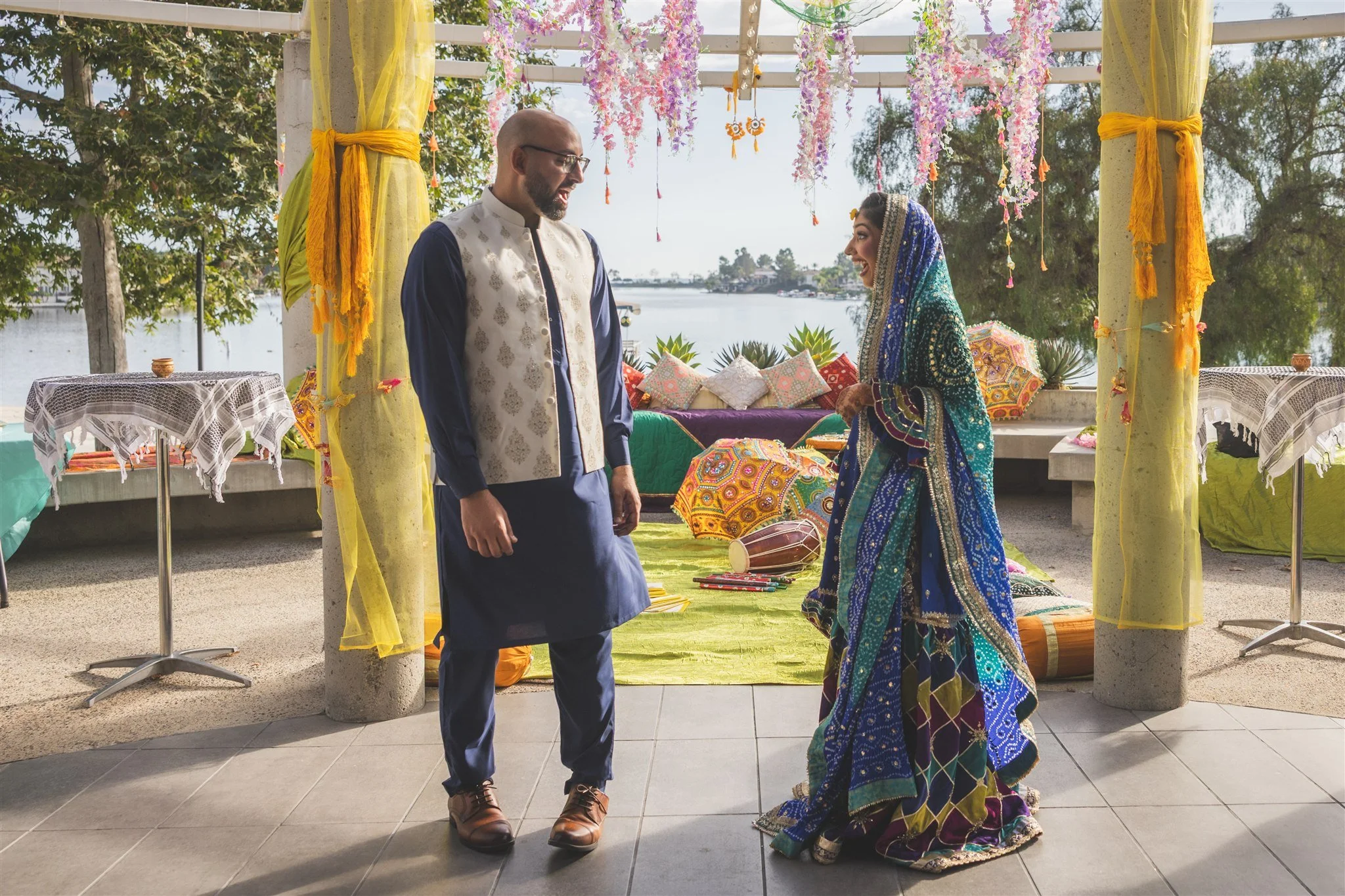 bride and groom first look at their pre-wedding event at lake mission viejo clubhouse