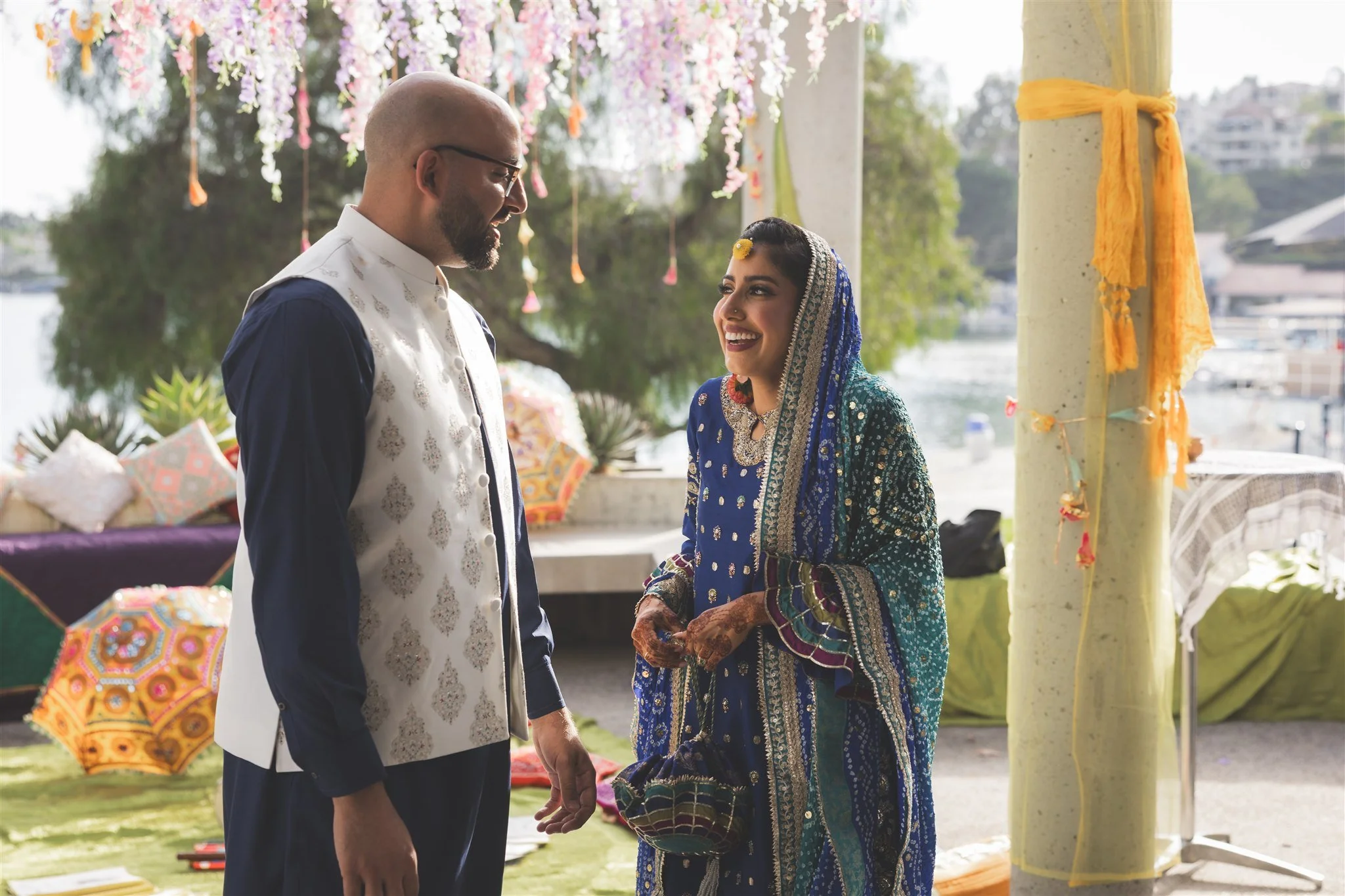 bride and groom first look at their pre-wedding event at lake mission viejo clubhouse
