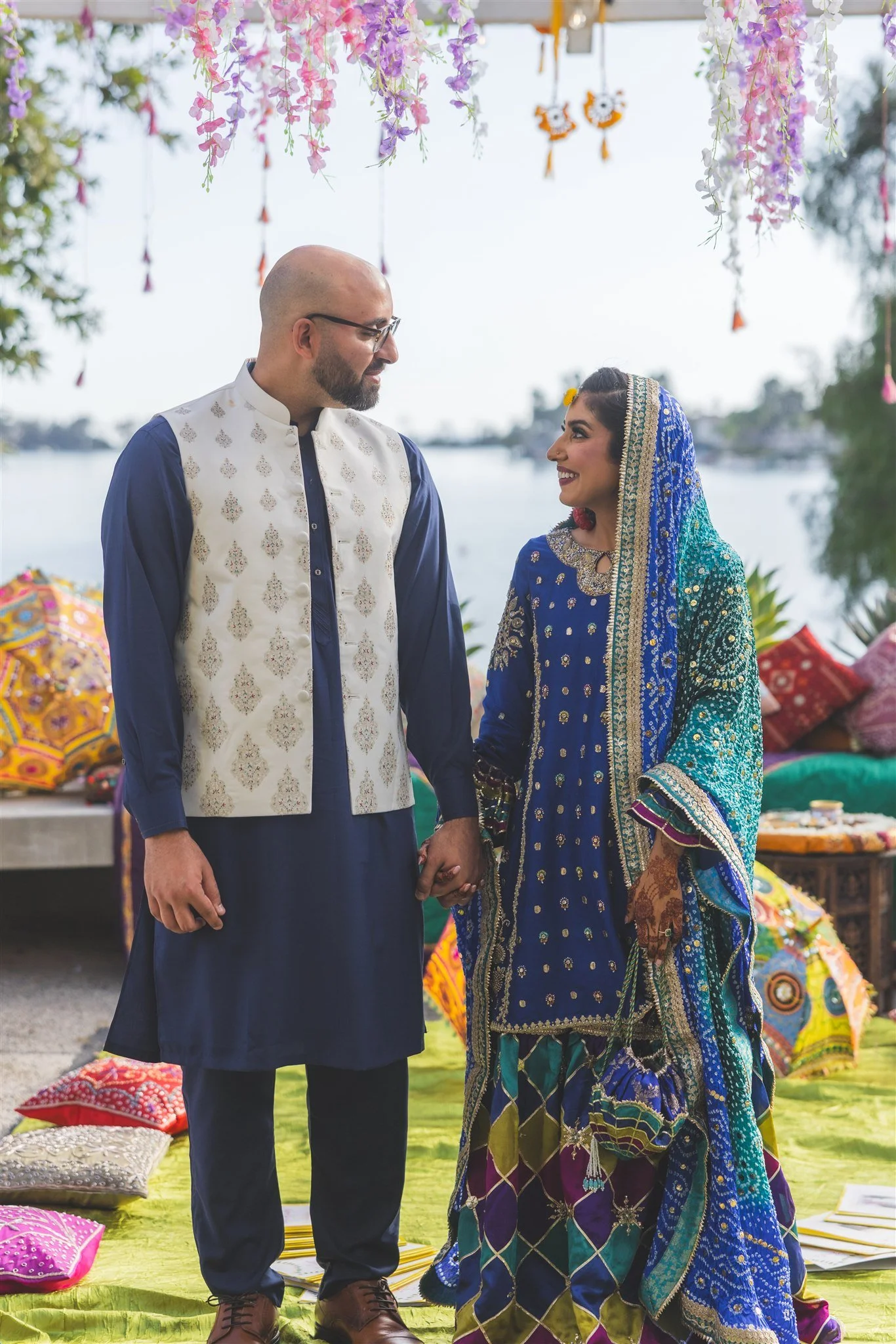 bride and groom first look at their pre-wedding event at lake mission viejo clubhouse