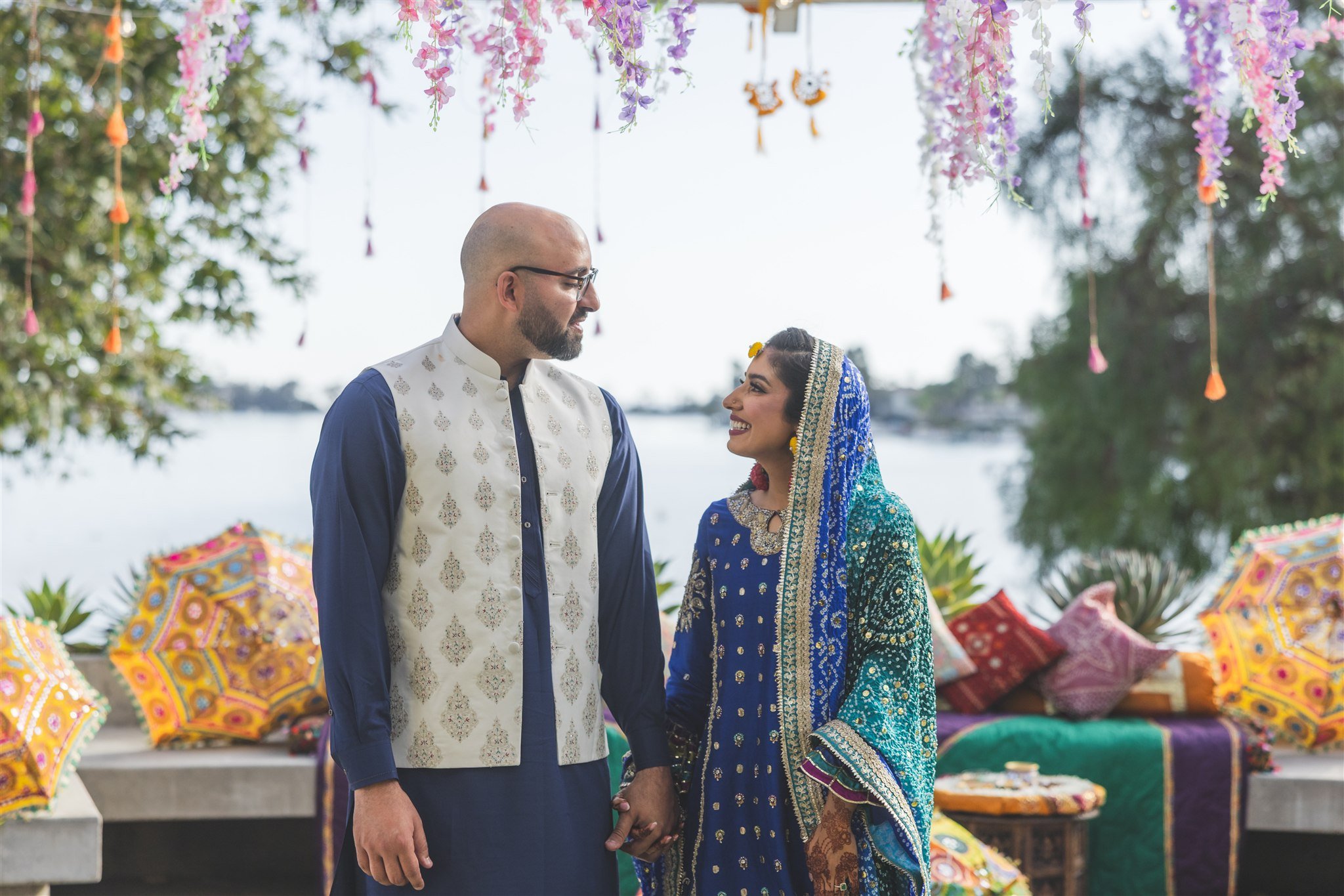 bride and groom first look at their pre-wedding event at lake mission viejo clubhouse