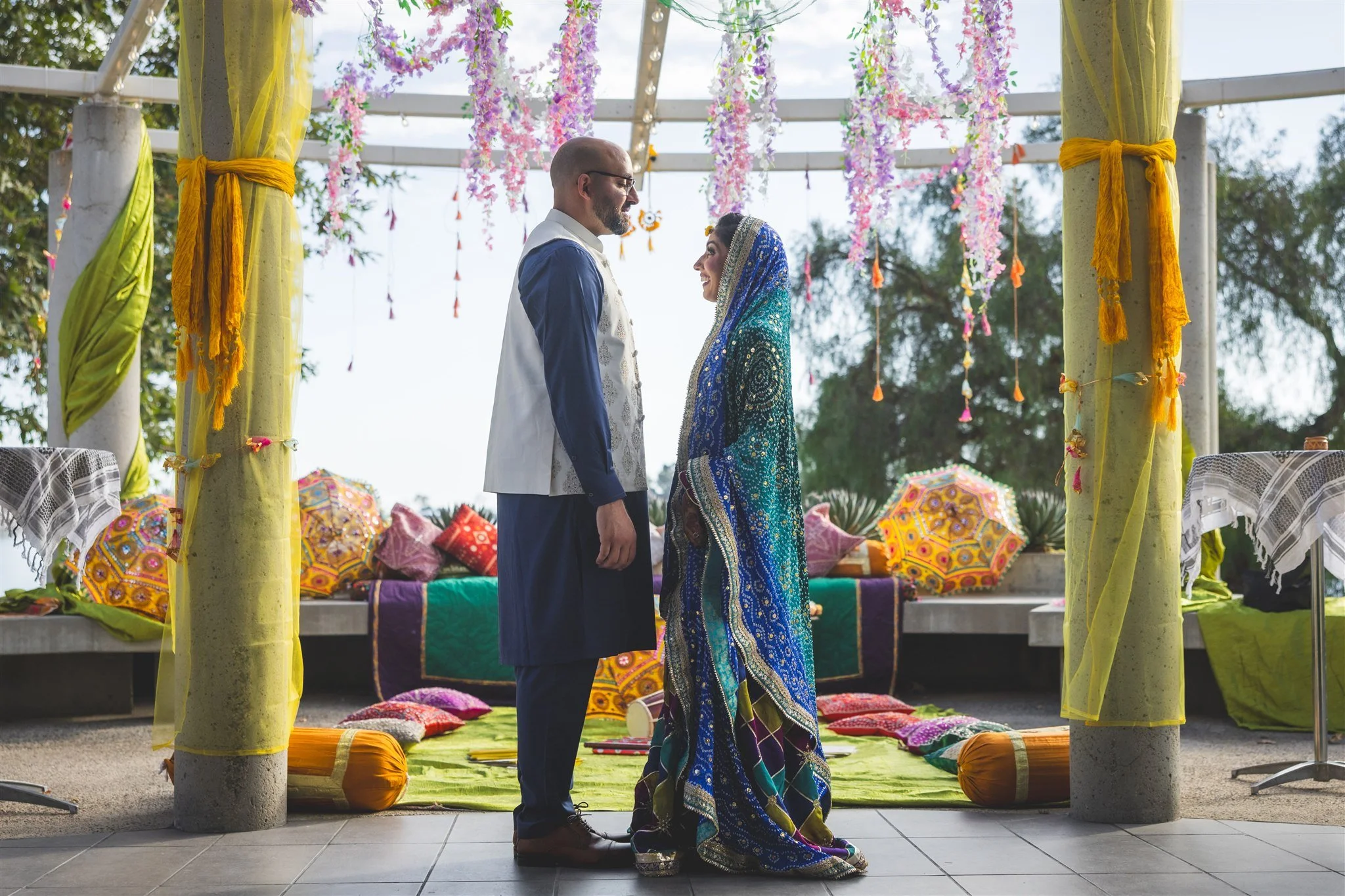 bride and groom first look at their pre-wedding event at lake mission viejo clubhouse