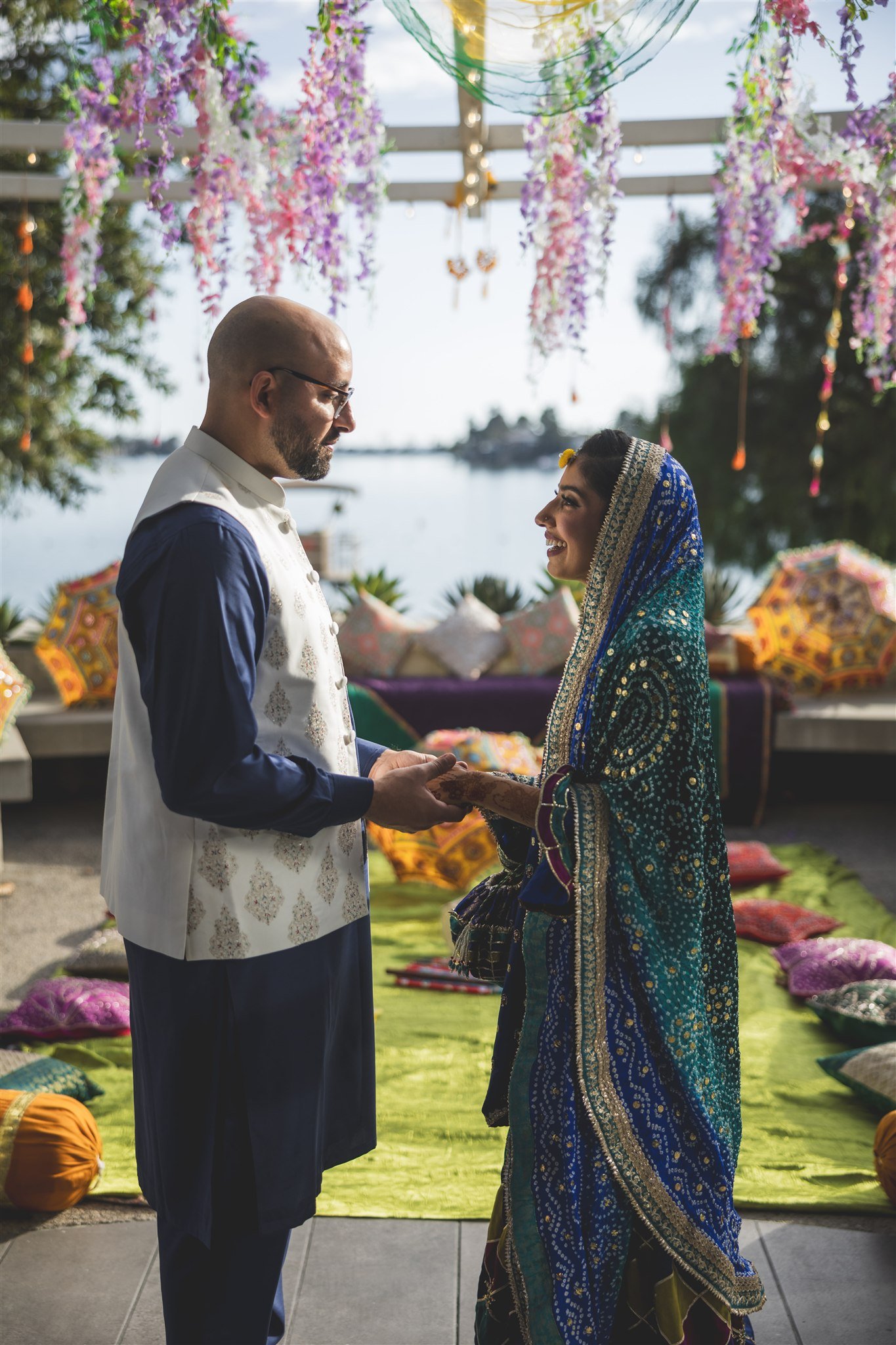 bride and groom first look at their pre-wedding event at lake mission viejo clubhouse