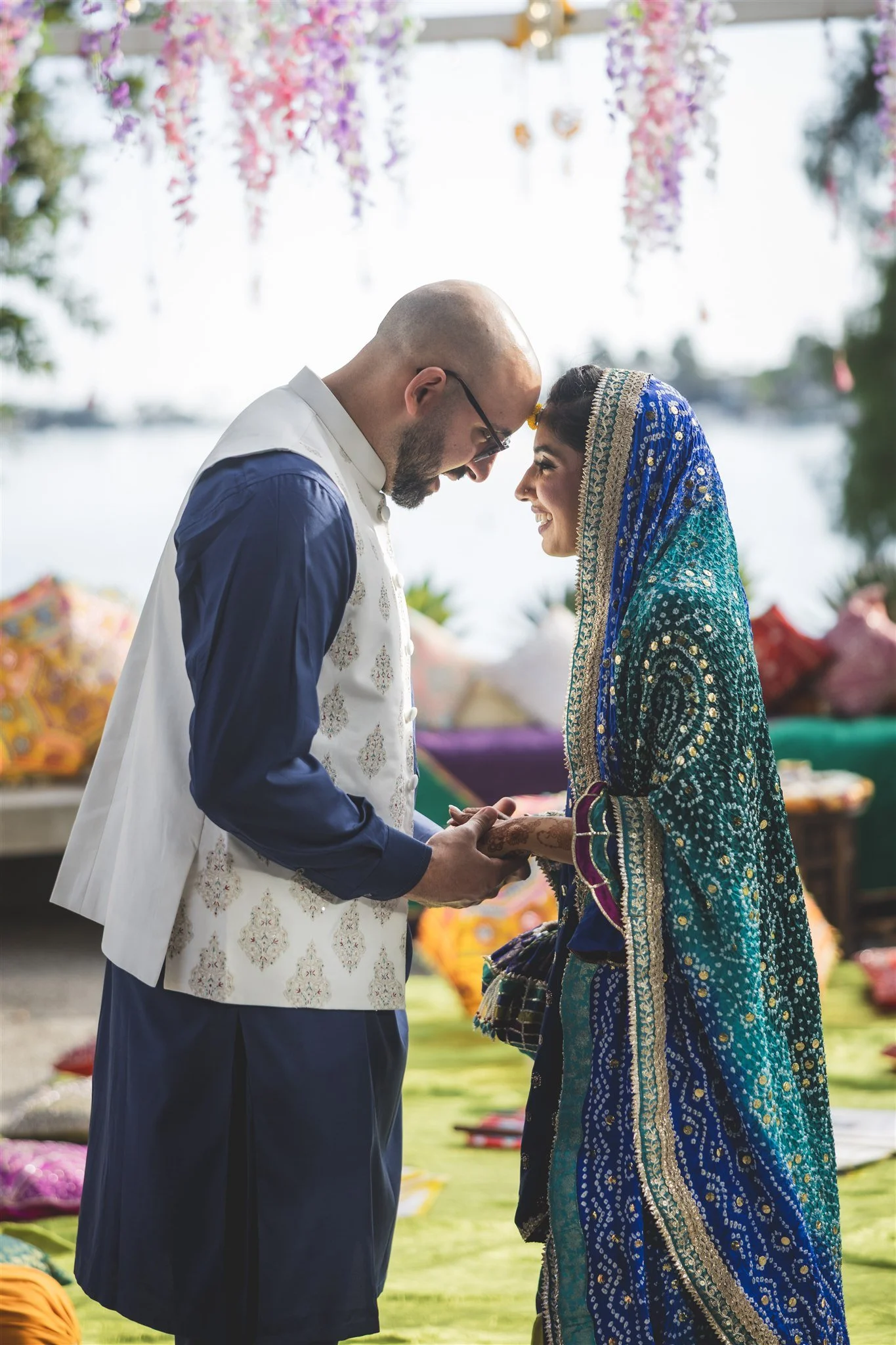 bride and groom first look at their pre-wedding event at lake mission viejo clubhouse