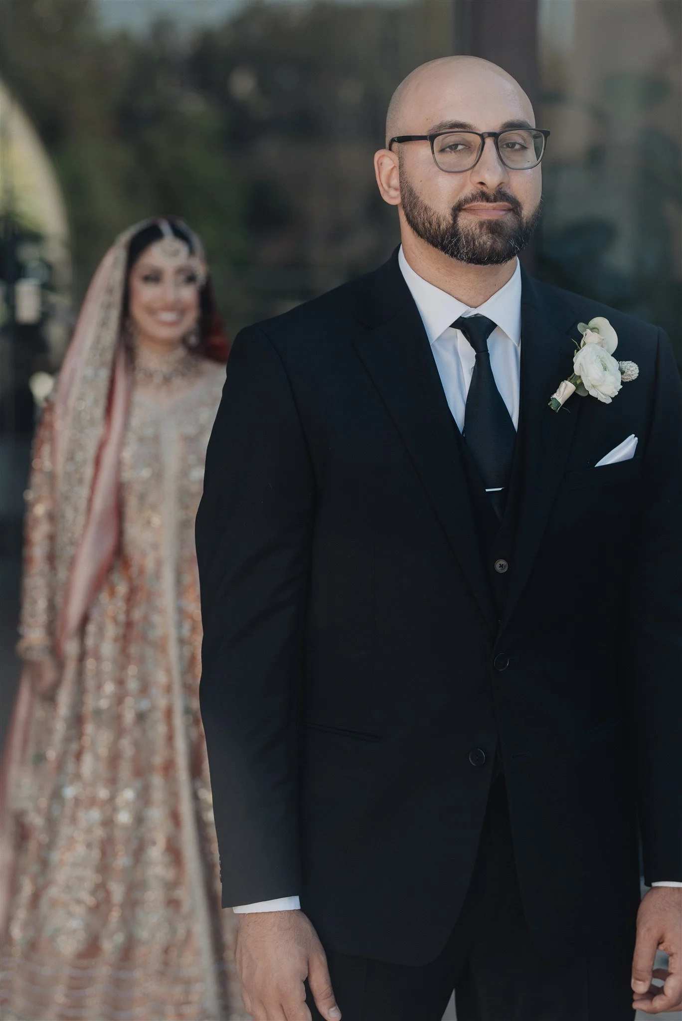 indian bride and groom first look on their wedding day at anaheim hills golf course