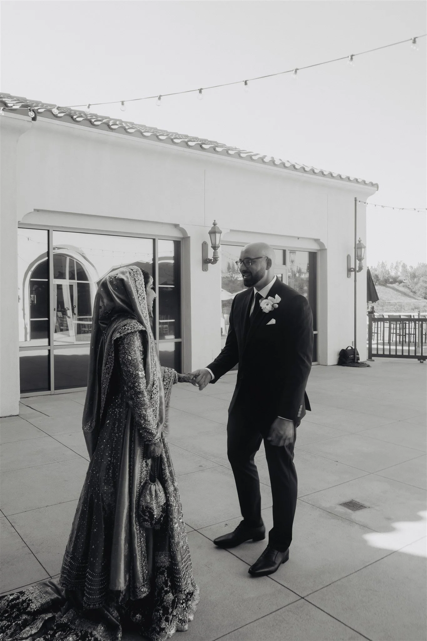 indian bride and groom first look on their wedding day at anaheim hills golf course