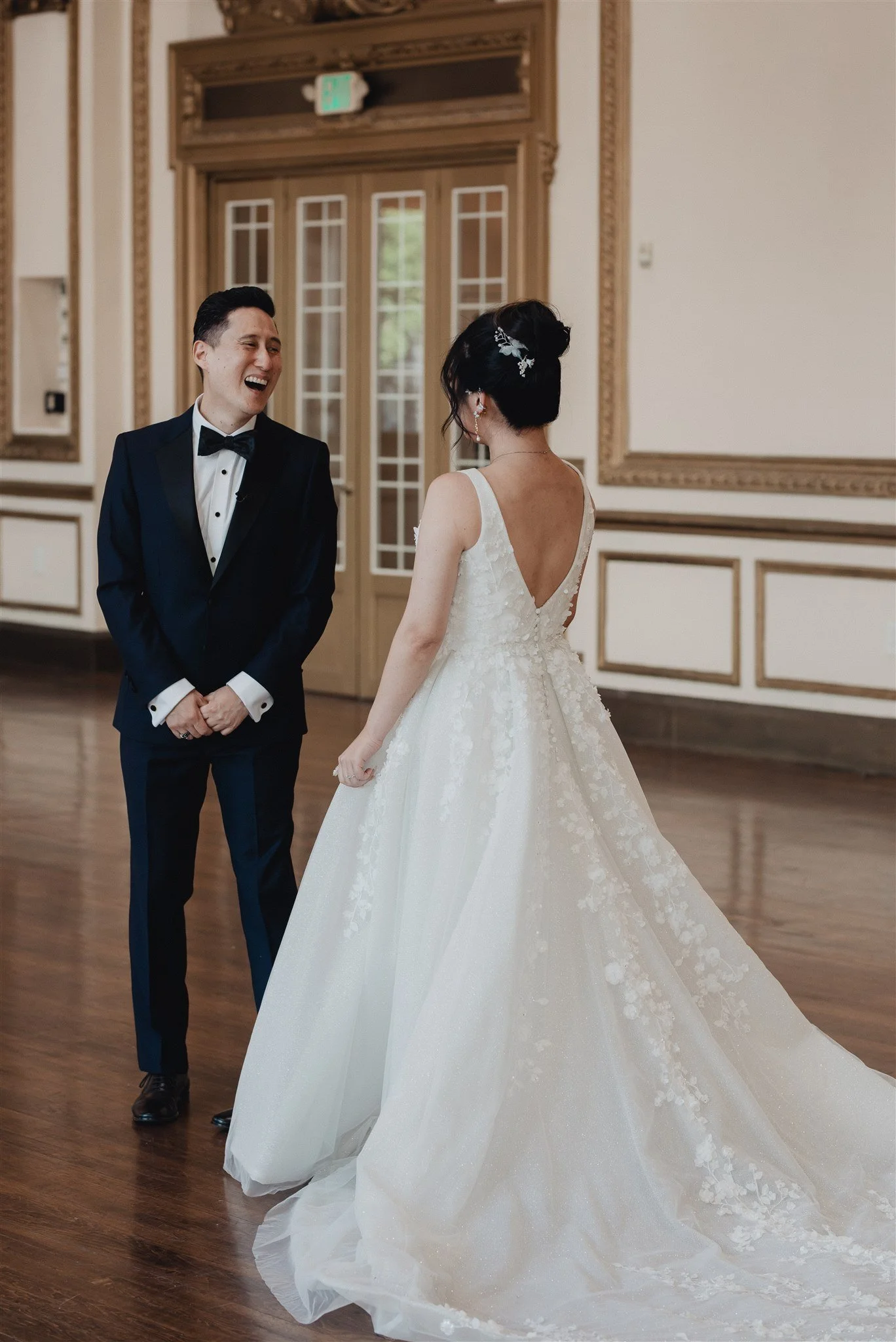 bride and groom first look on their wedding day at Alexandria ballrooms
