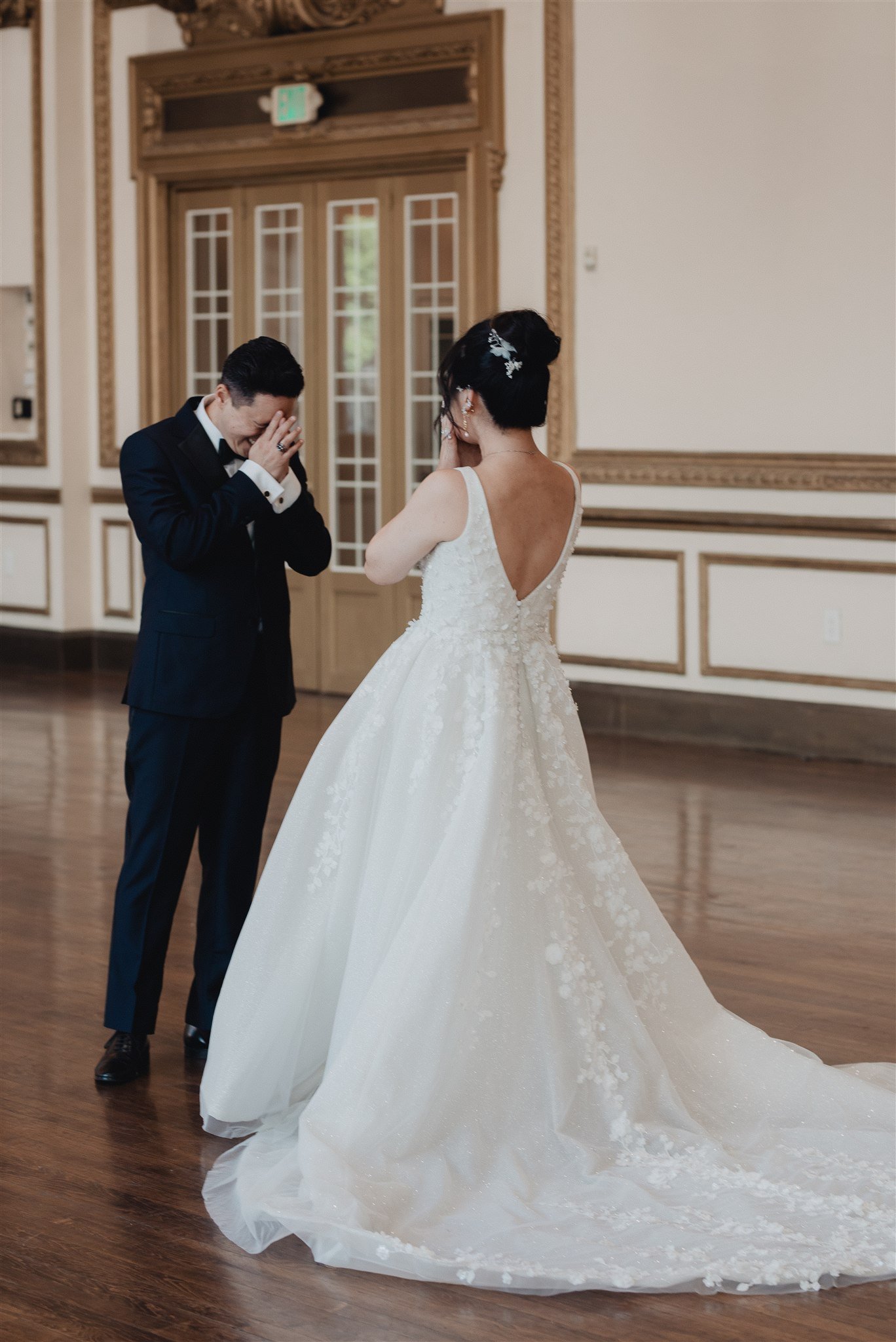 bride and groom first look on their wedding day at Alexandria ballrooms