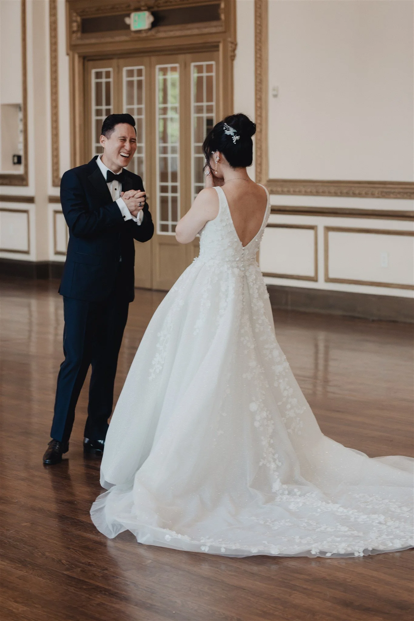 bride and groom first look on their wedding day at Alexandria ballrooms