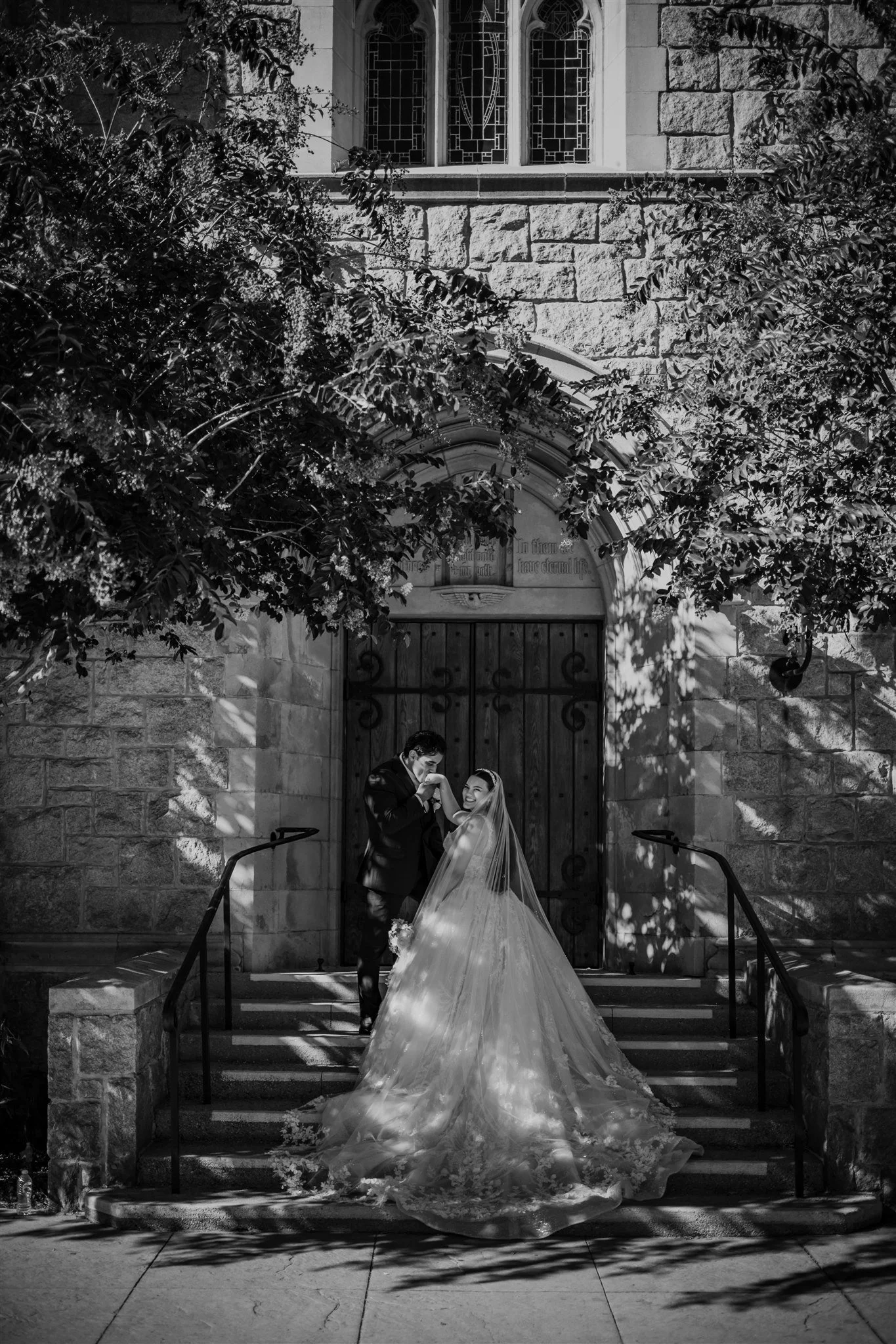 bride and groom location shoot in at incarnation catholic church