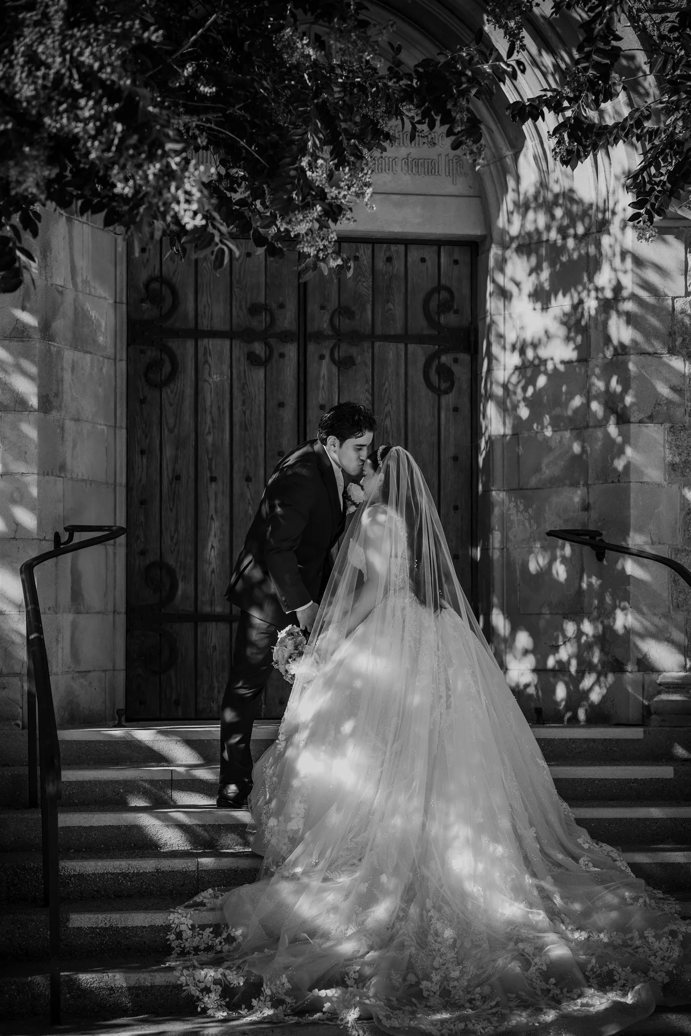 bride and groom location shoot in at incarnation catholic church