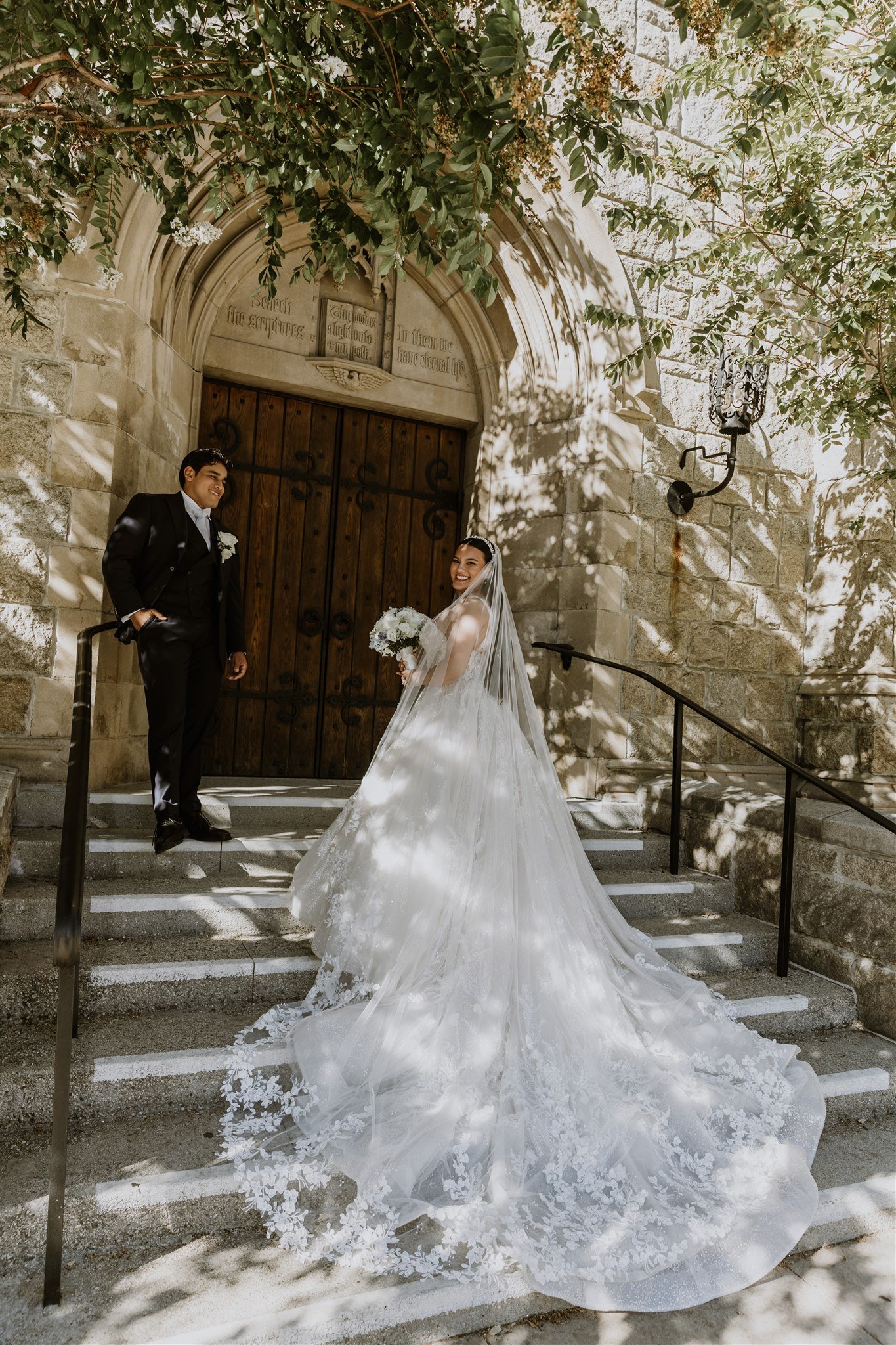 bride and groom location shoot in at incarnation catholic church