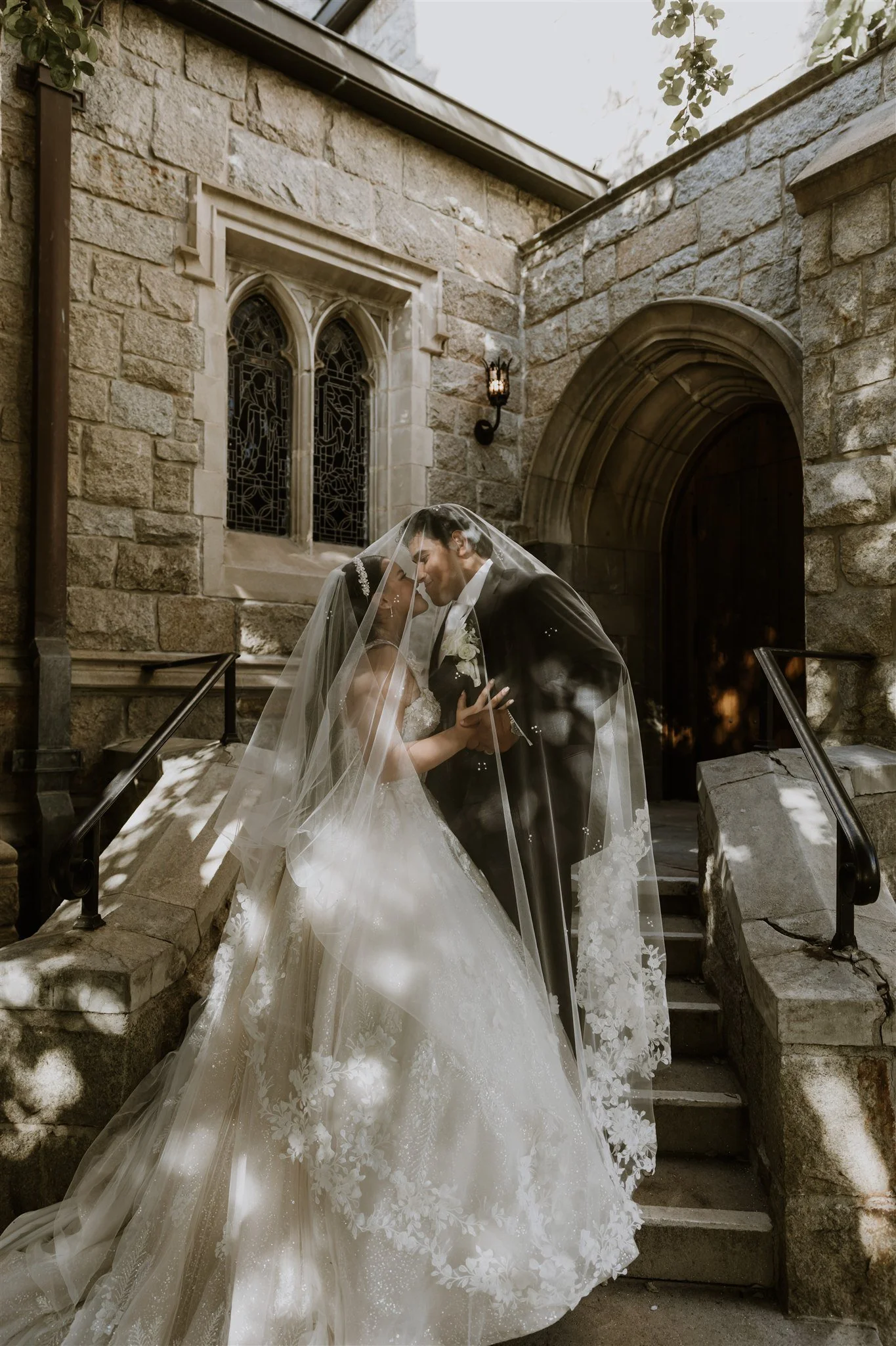 bride and groom location shoot in at incarnation catholic church