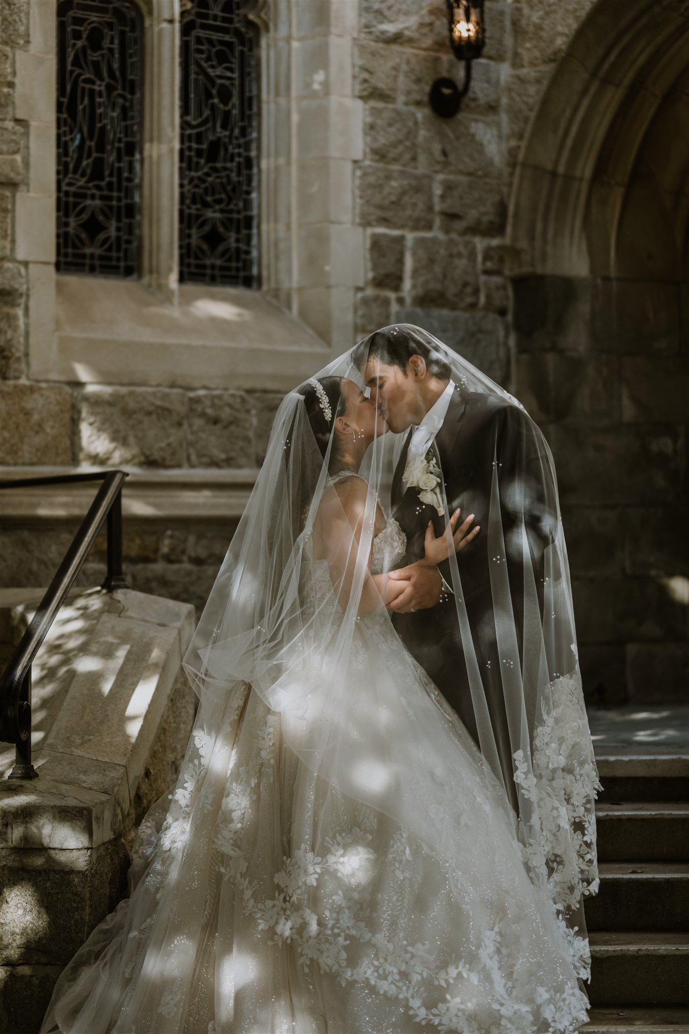 bride and groom location shoot in at incarnation catholic church