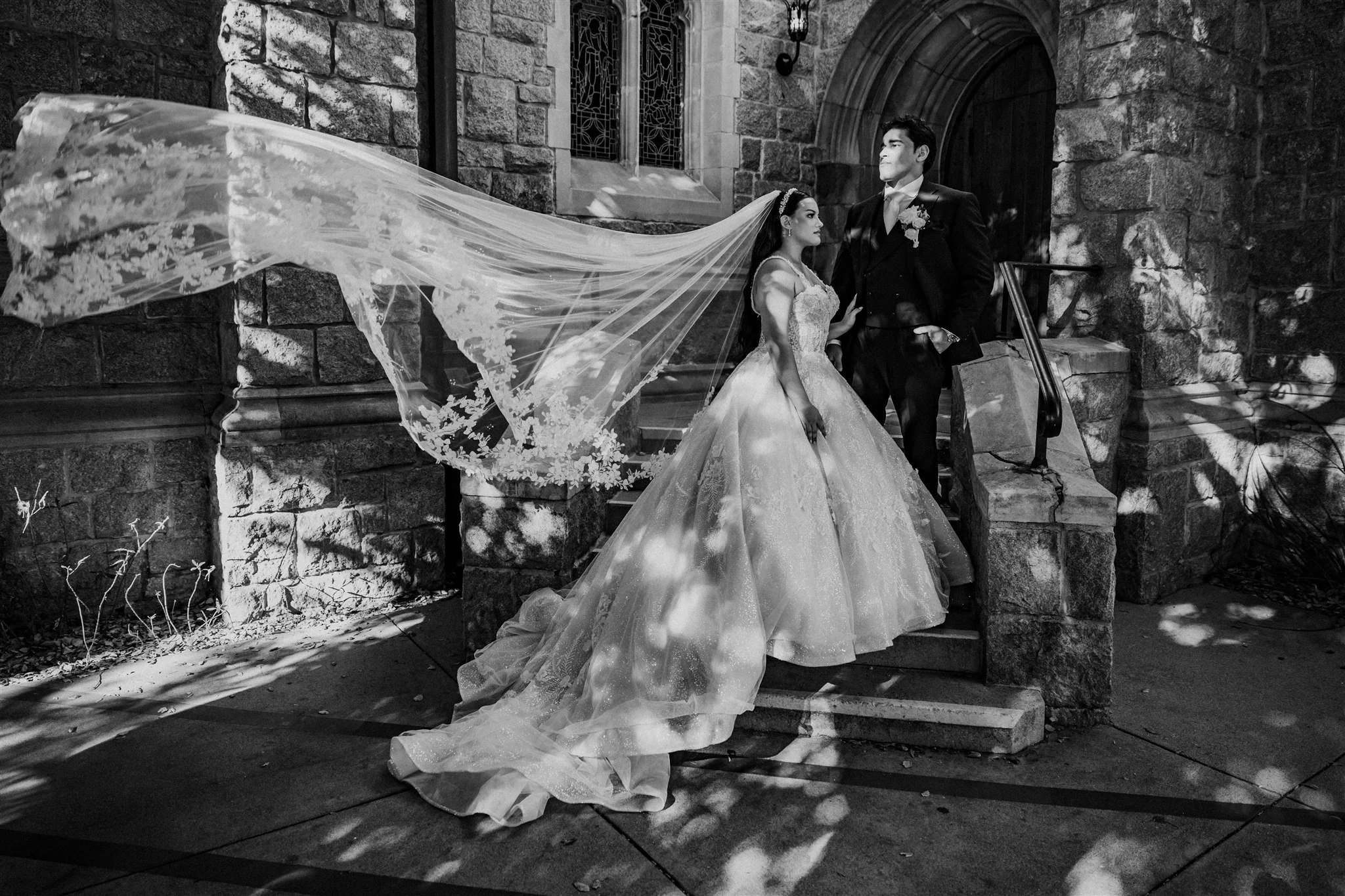 bride and groom location shoot in at incarnation catholic church