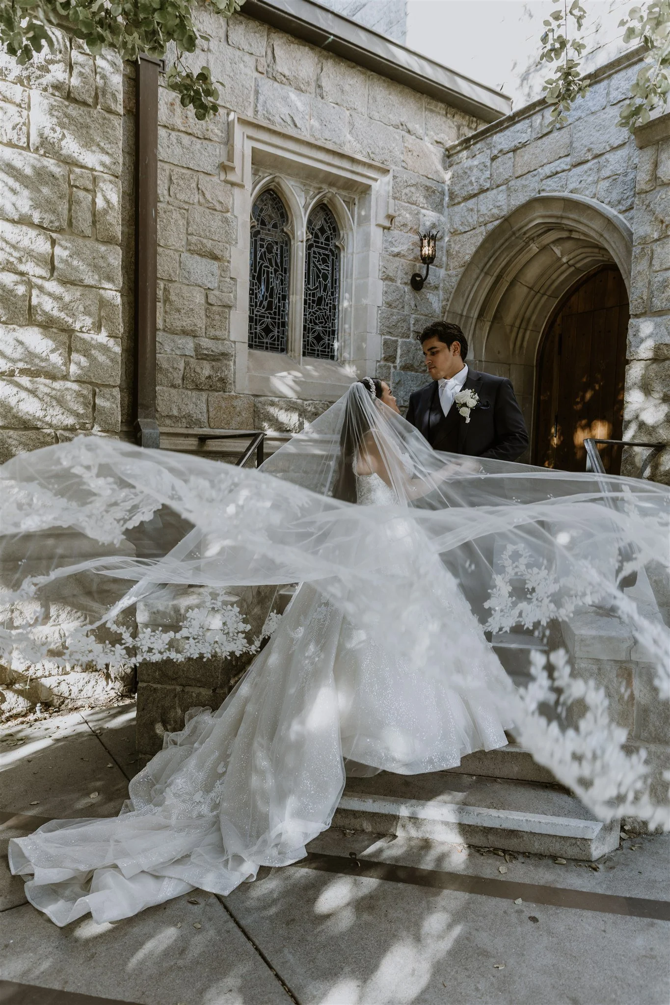 bride and groom location shoot in at incarnation catholic church
