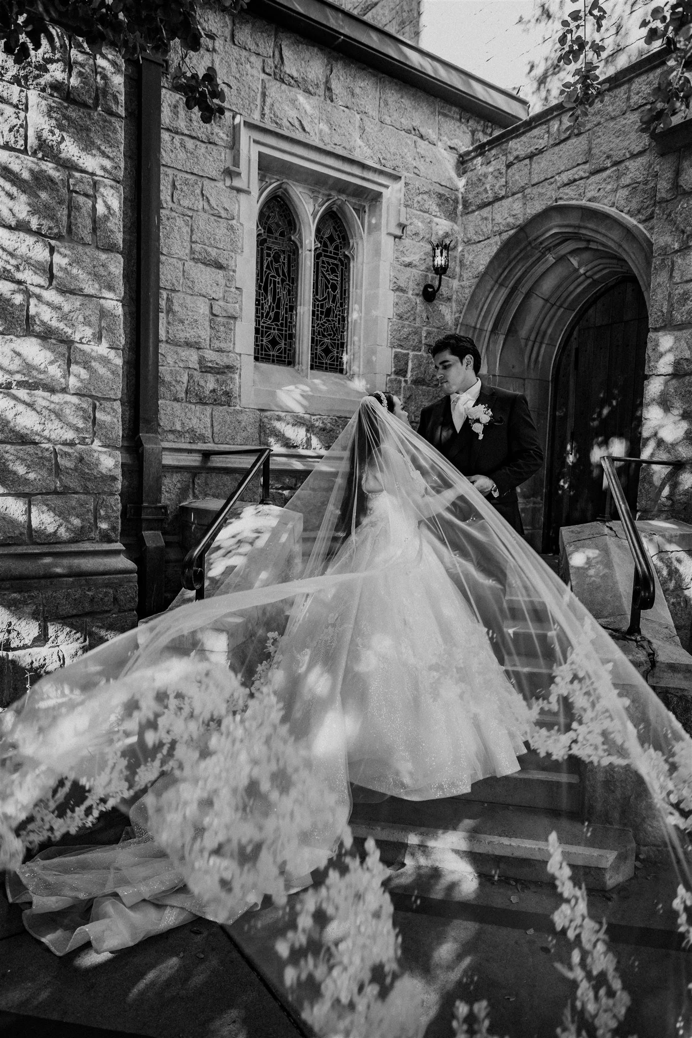 bride and groom location shoot in at incarnation catholic church
