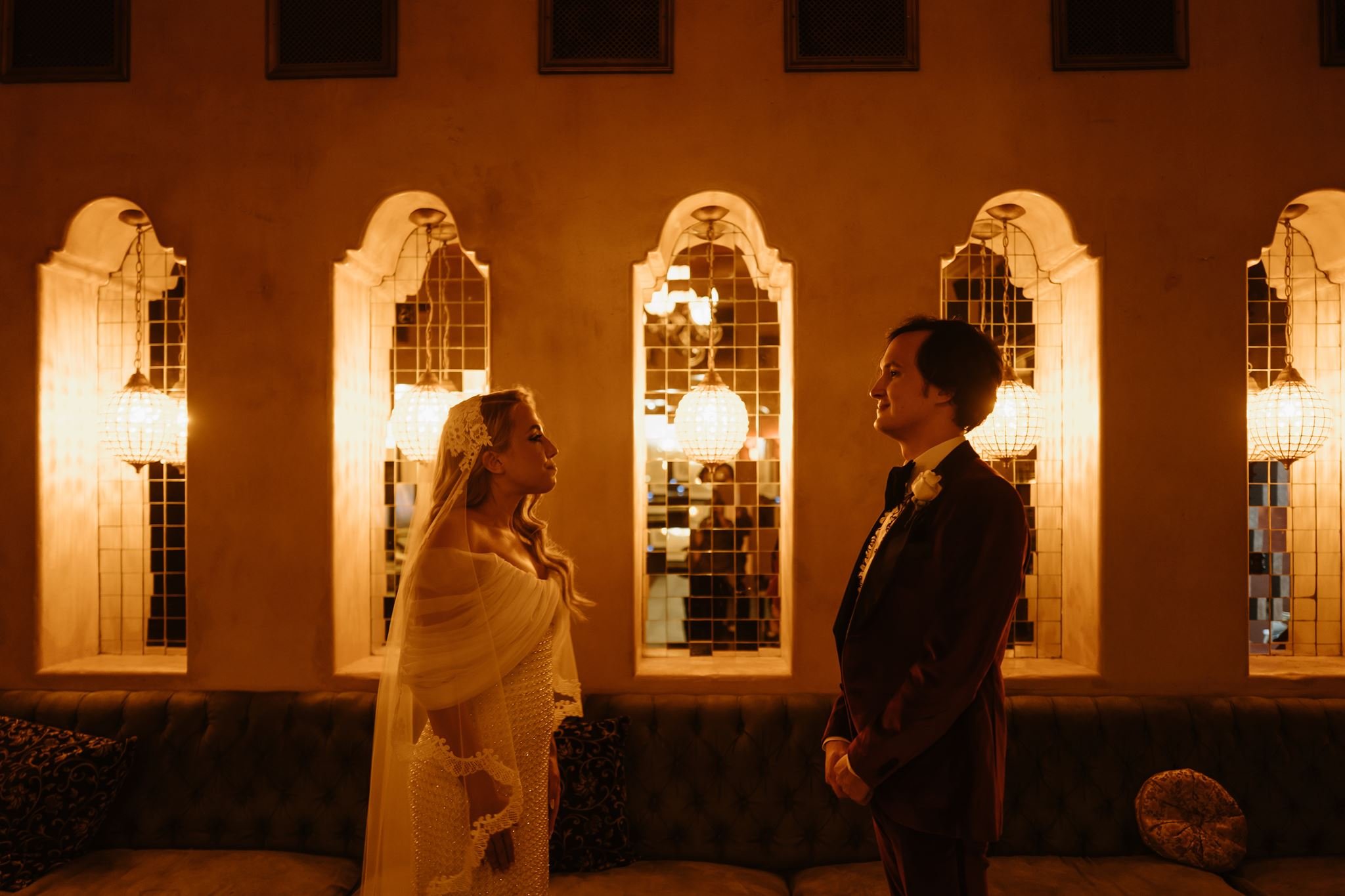 bride &amp; groom first look on their wedding day at Avalon Hollywood