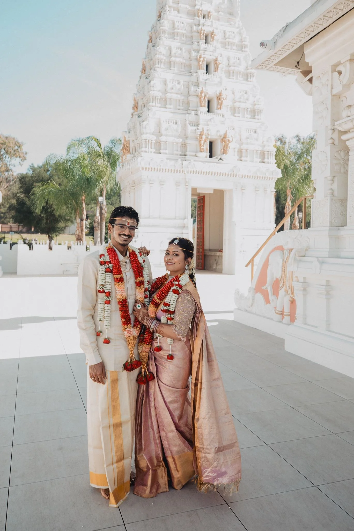 indian wedding couple portrait post ceremony at malibu hindu temple