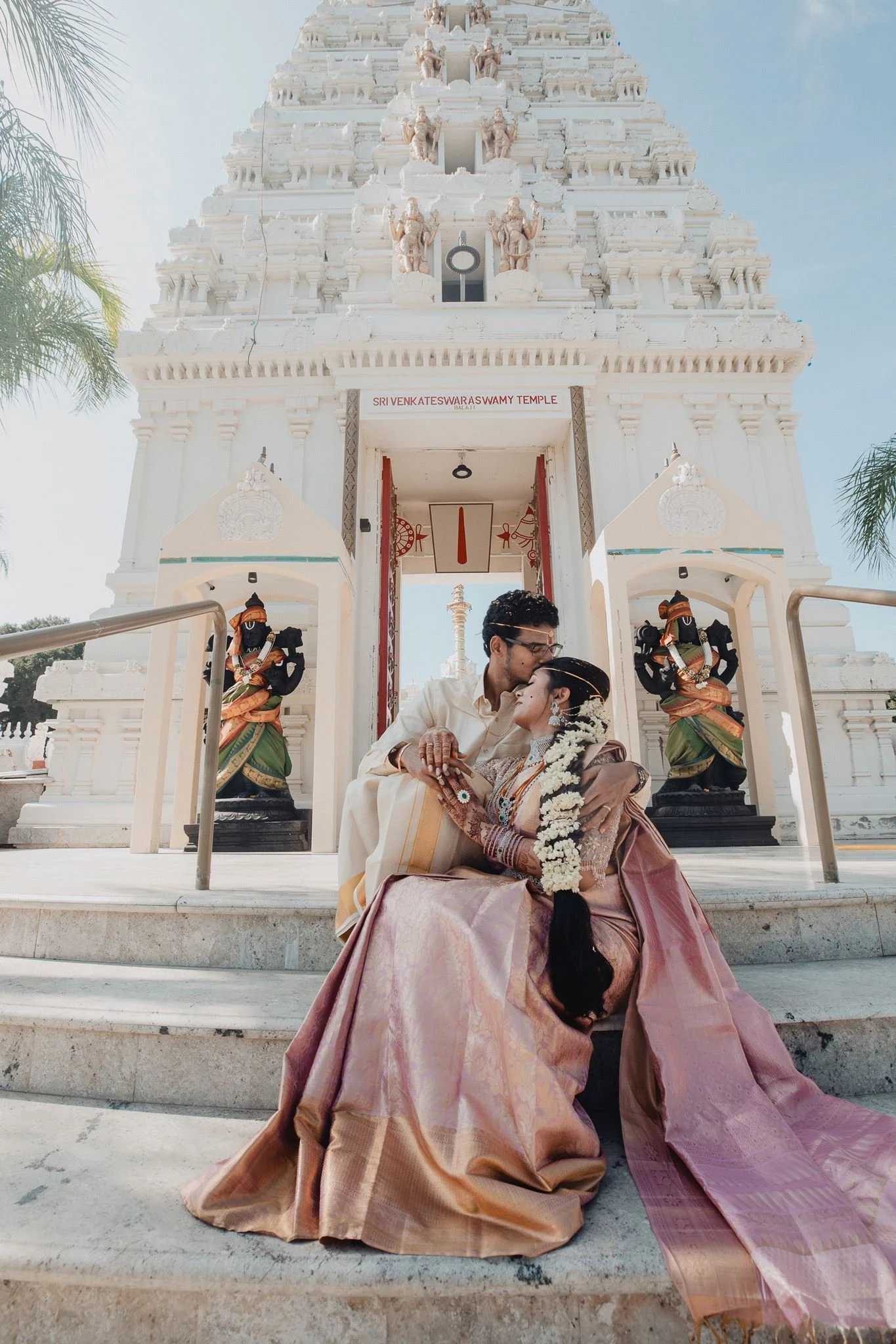 indian wedding couple portrait post ceremony at malibu hindu temple