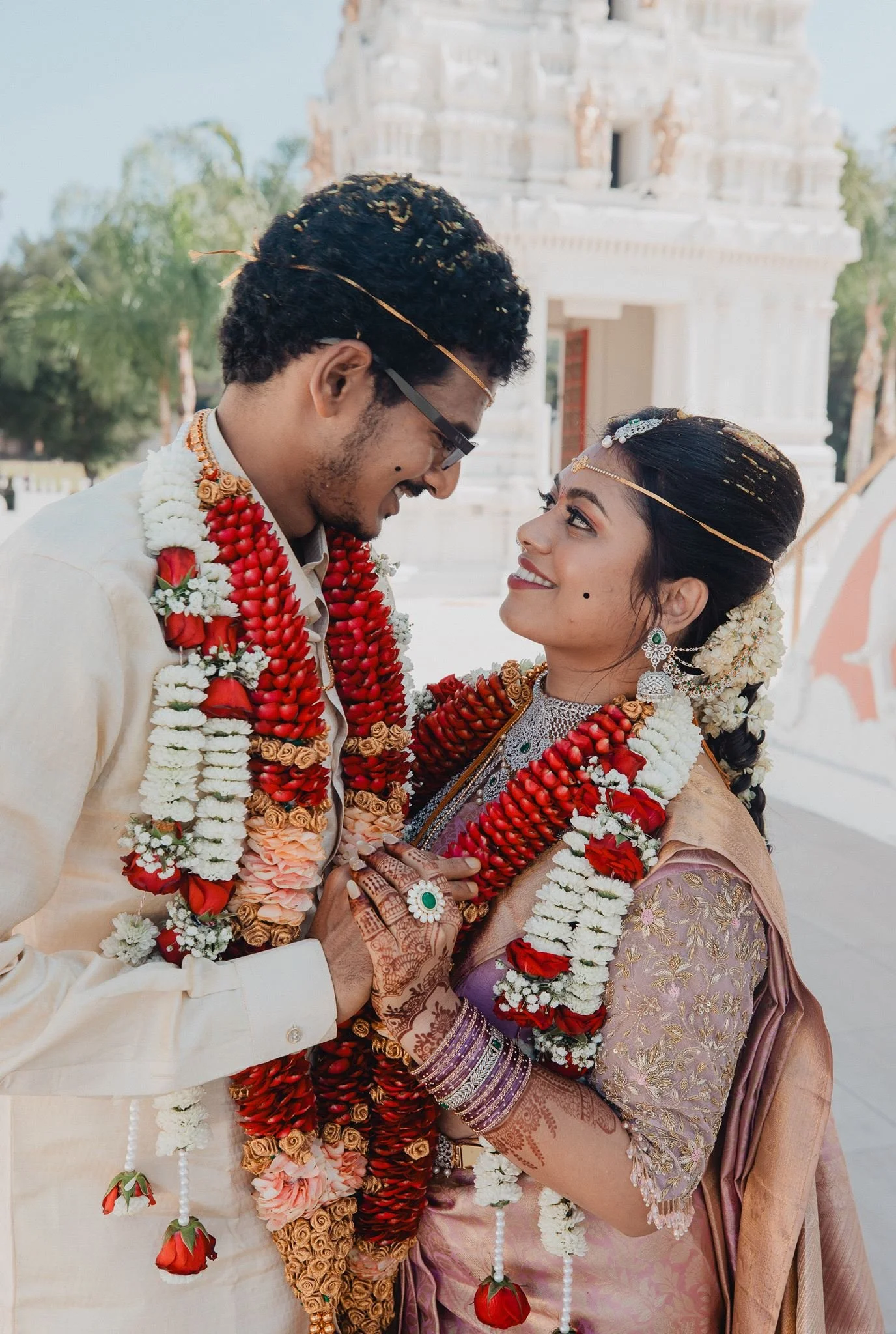 indian wedding couple portrait post ceremony at malibu hindu temple