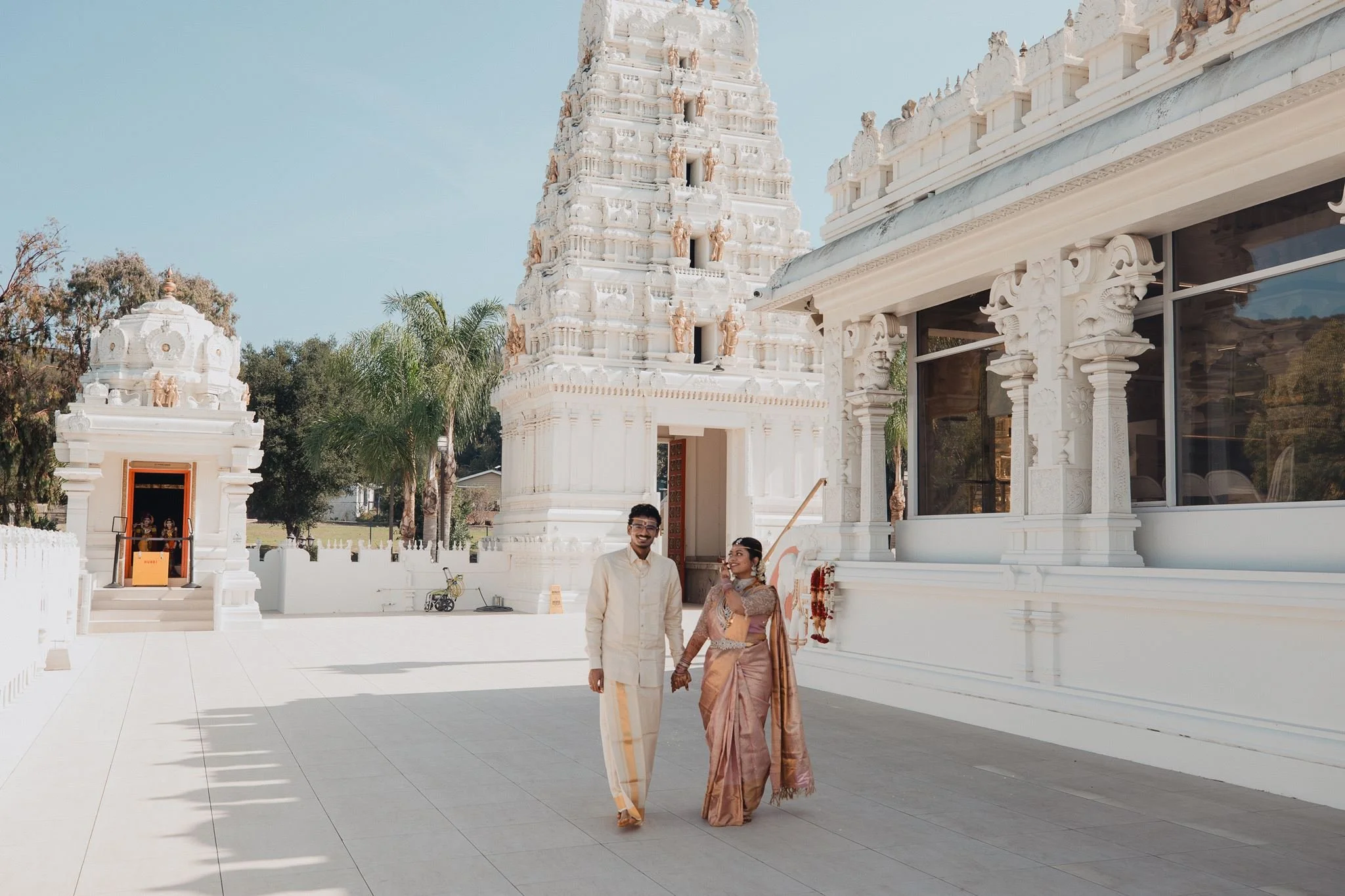 indian wedding couple portrait post ceremony at malibu hindu temple