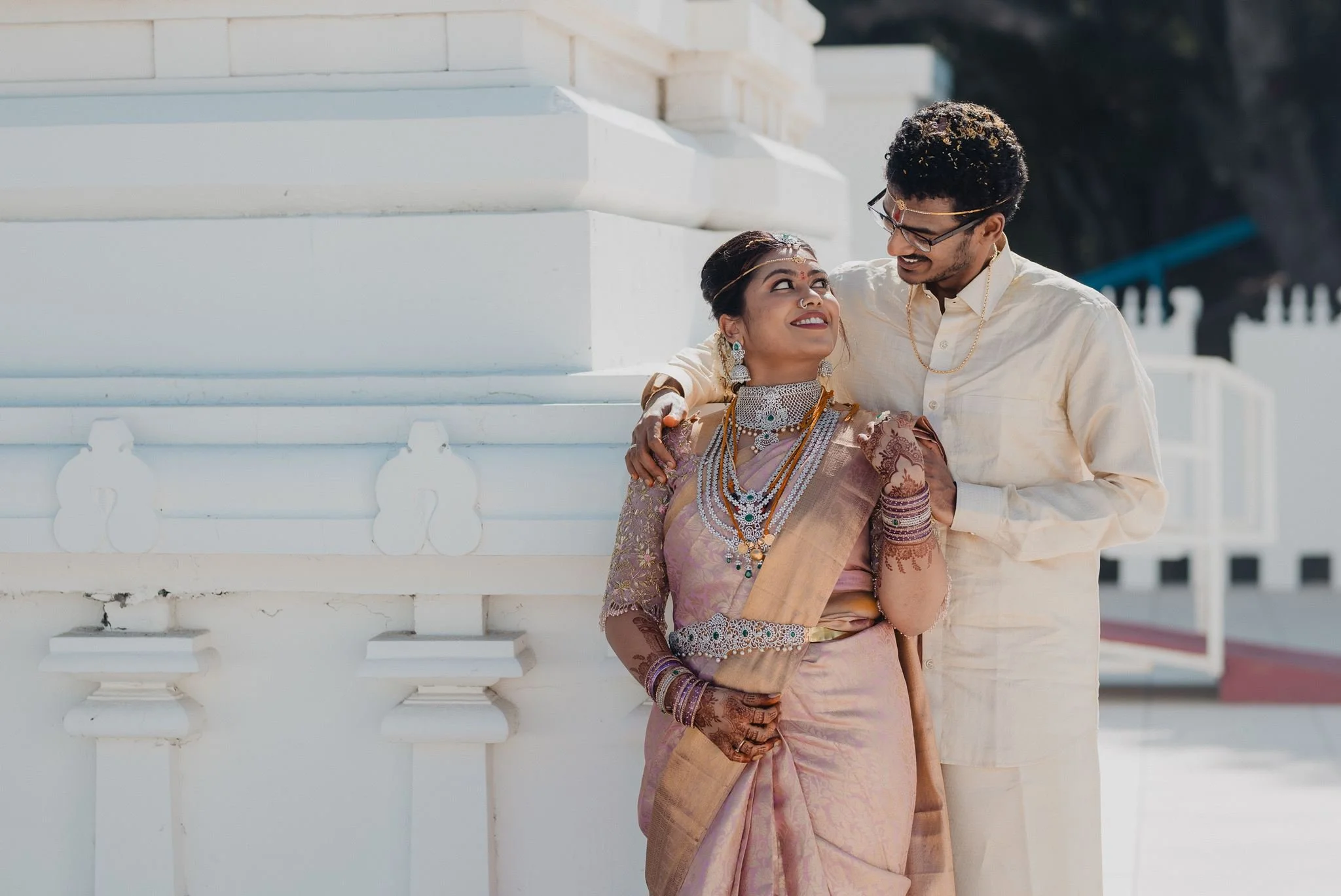 indian wedding couple portrait post ceremony at malibu hindu temple