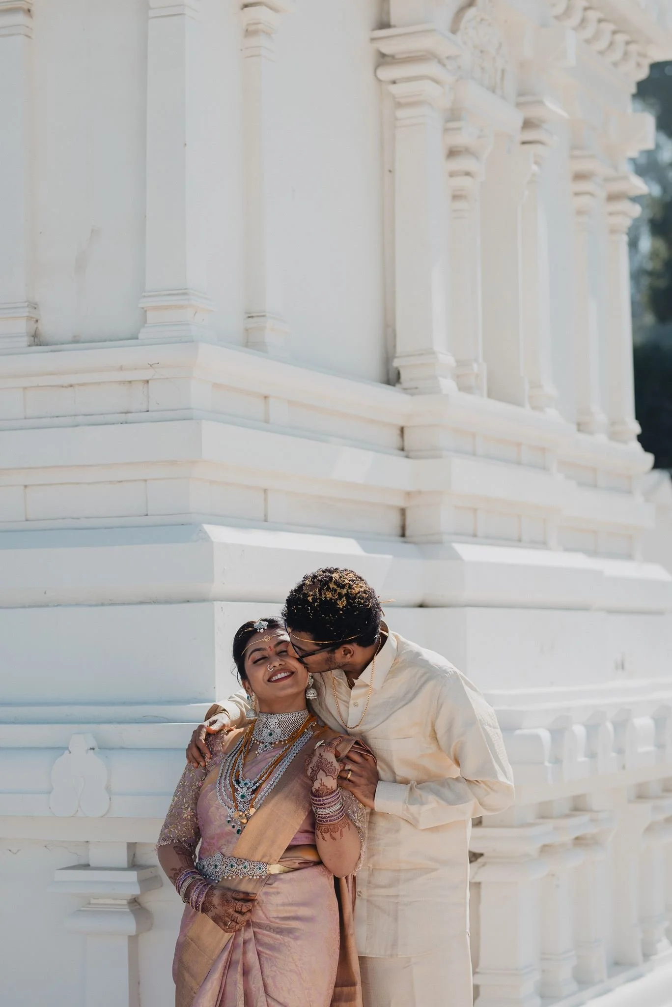 indian wedding couple portrait post ceremony at malibu hindu temple