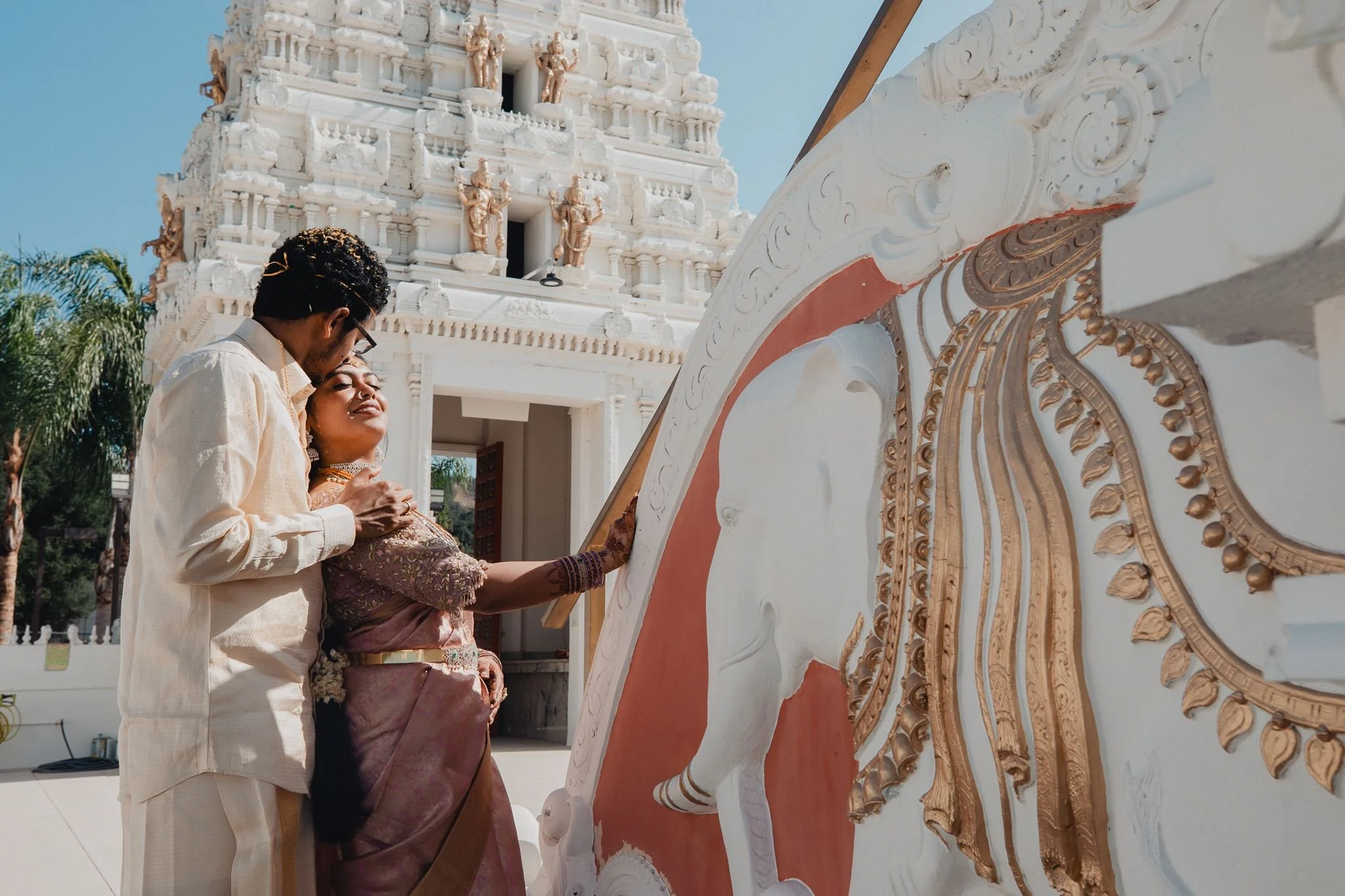 indian wedding couple portrait post ceremony at malibu hindu temple