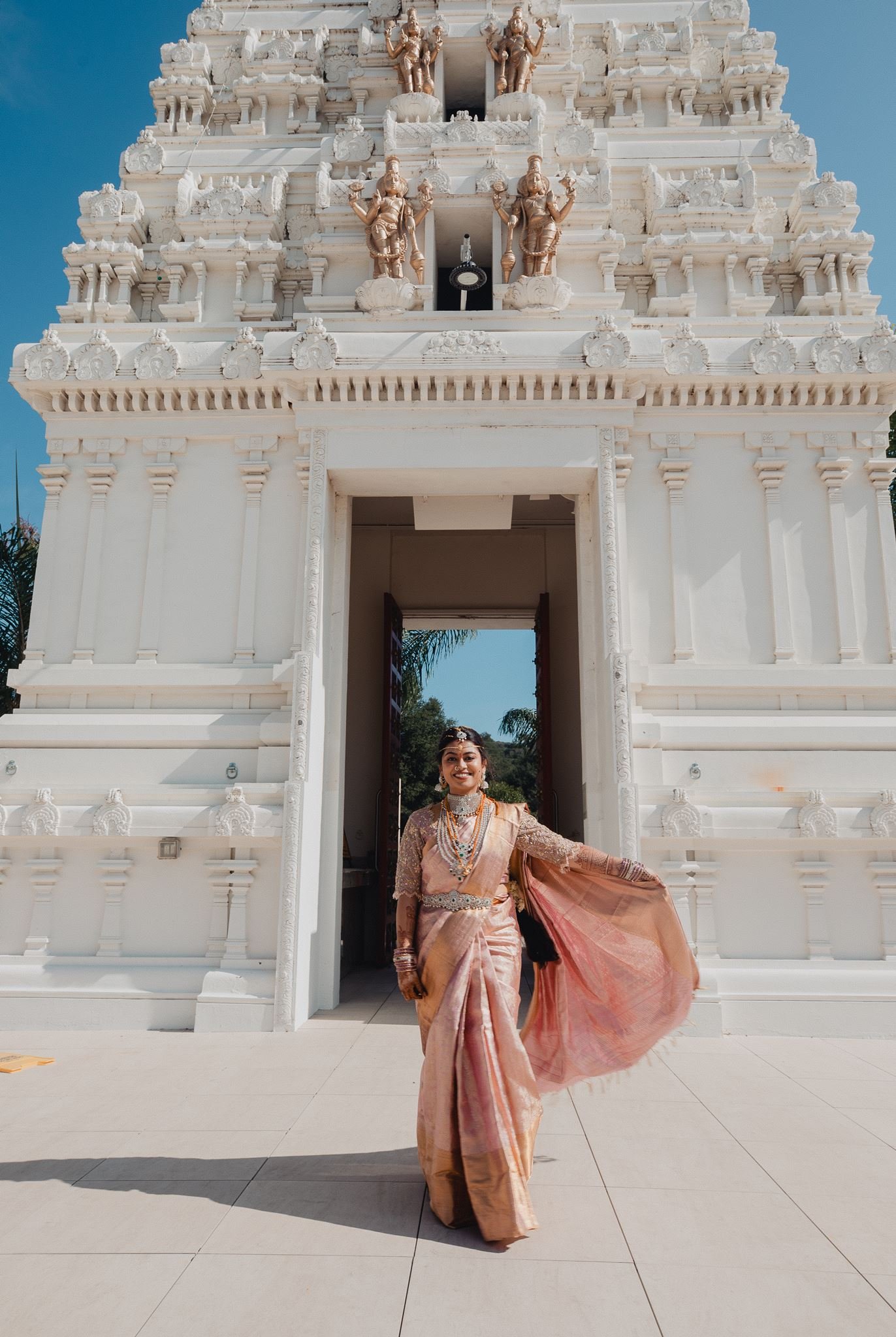 indian wedding couple portrait post ceremony at malibu hindu temple