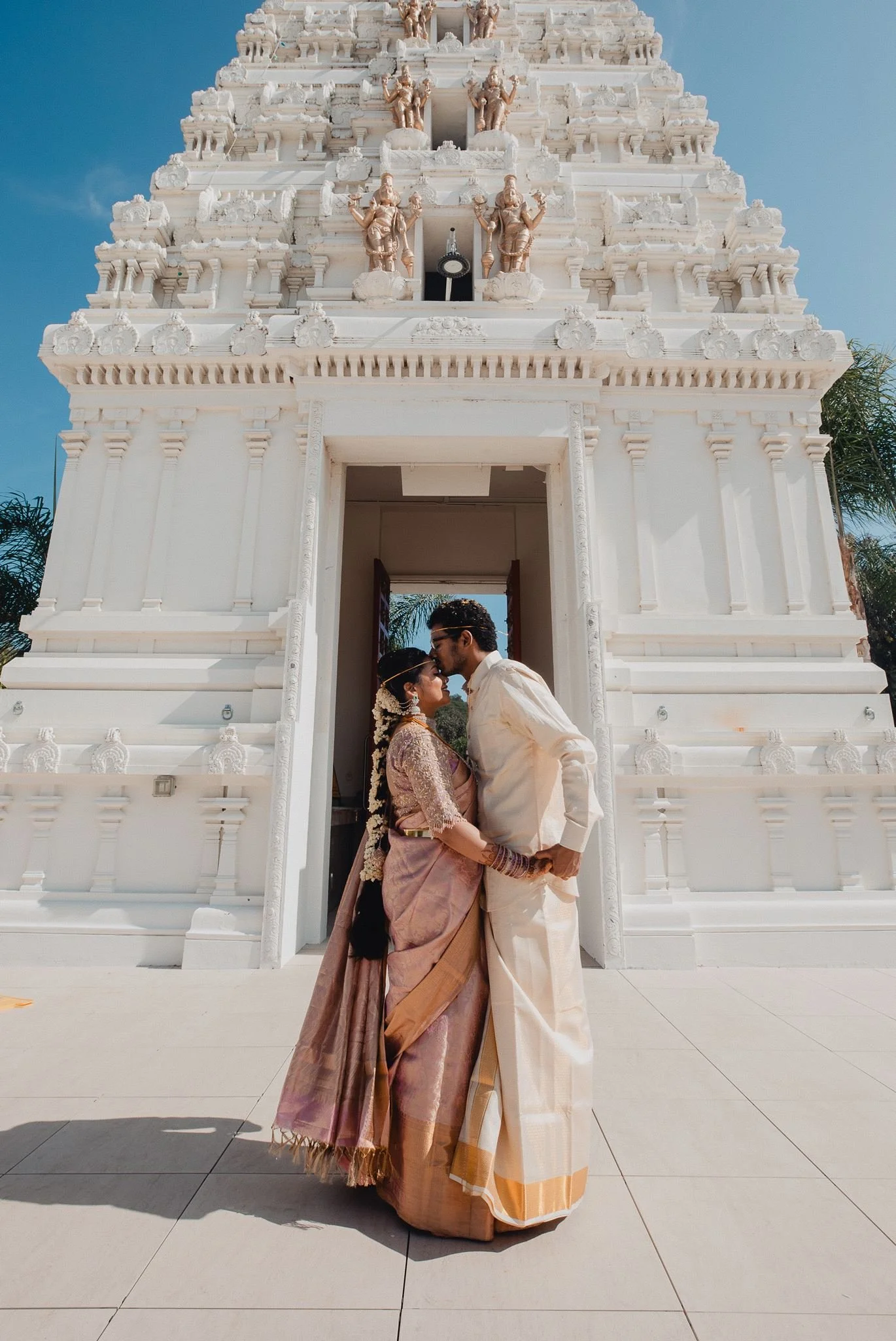 indian wedding couple portrait post ceremony at malibu hindu temple