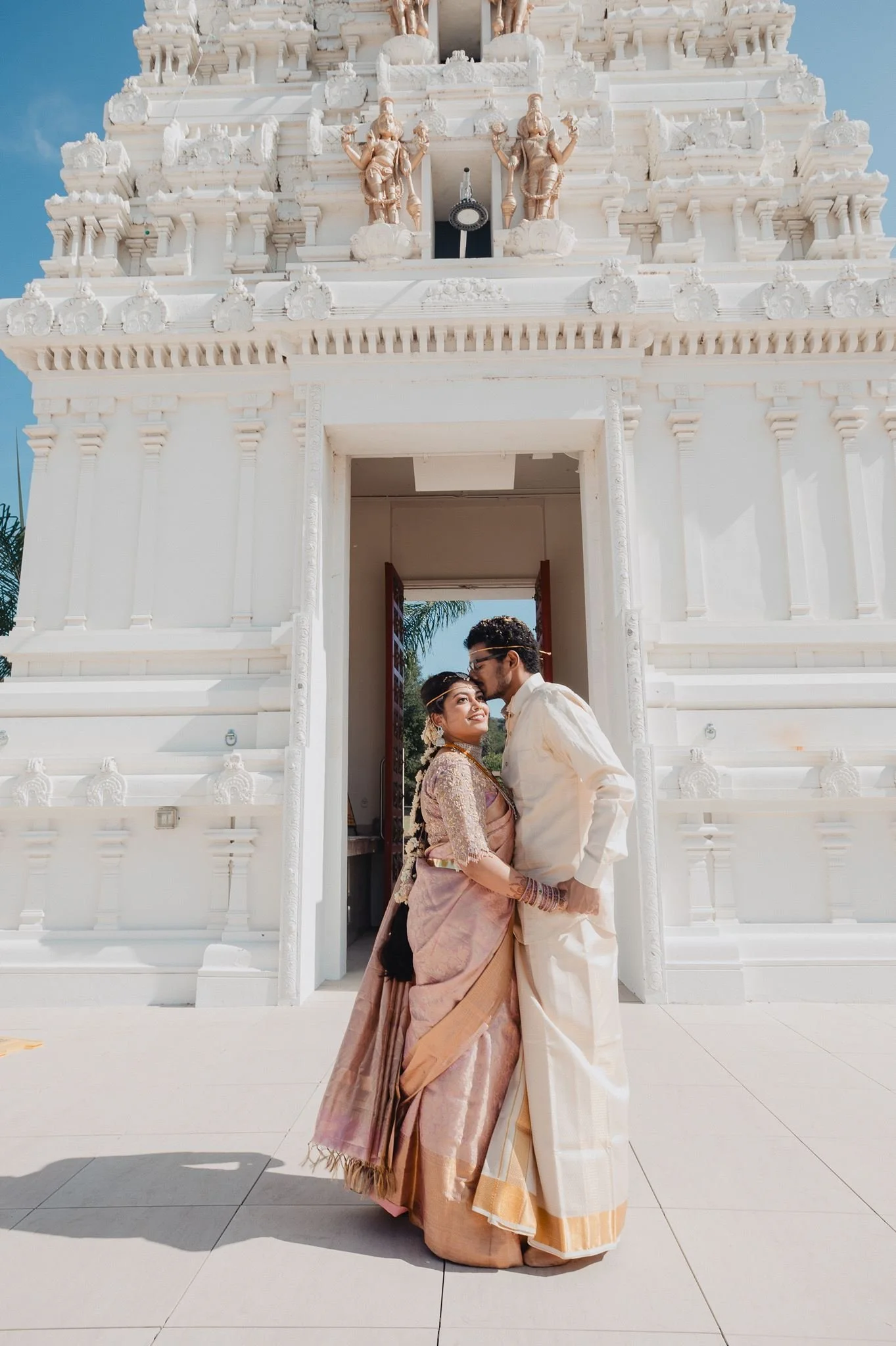 indian wedding couple portrait post ceremony at malibu hindu temple