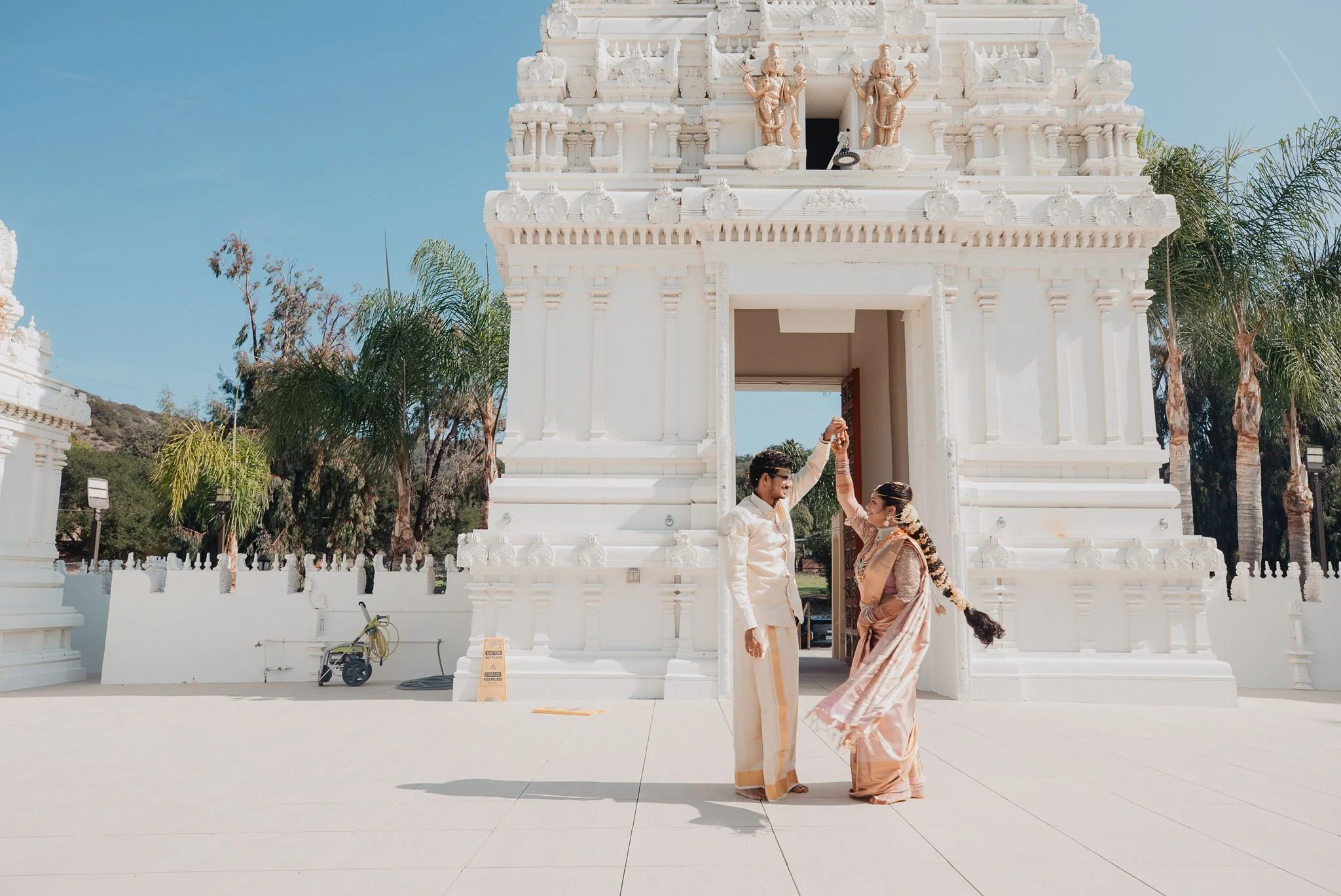 indian wedding couple portrait post ceremony at malibu hindu temple