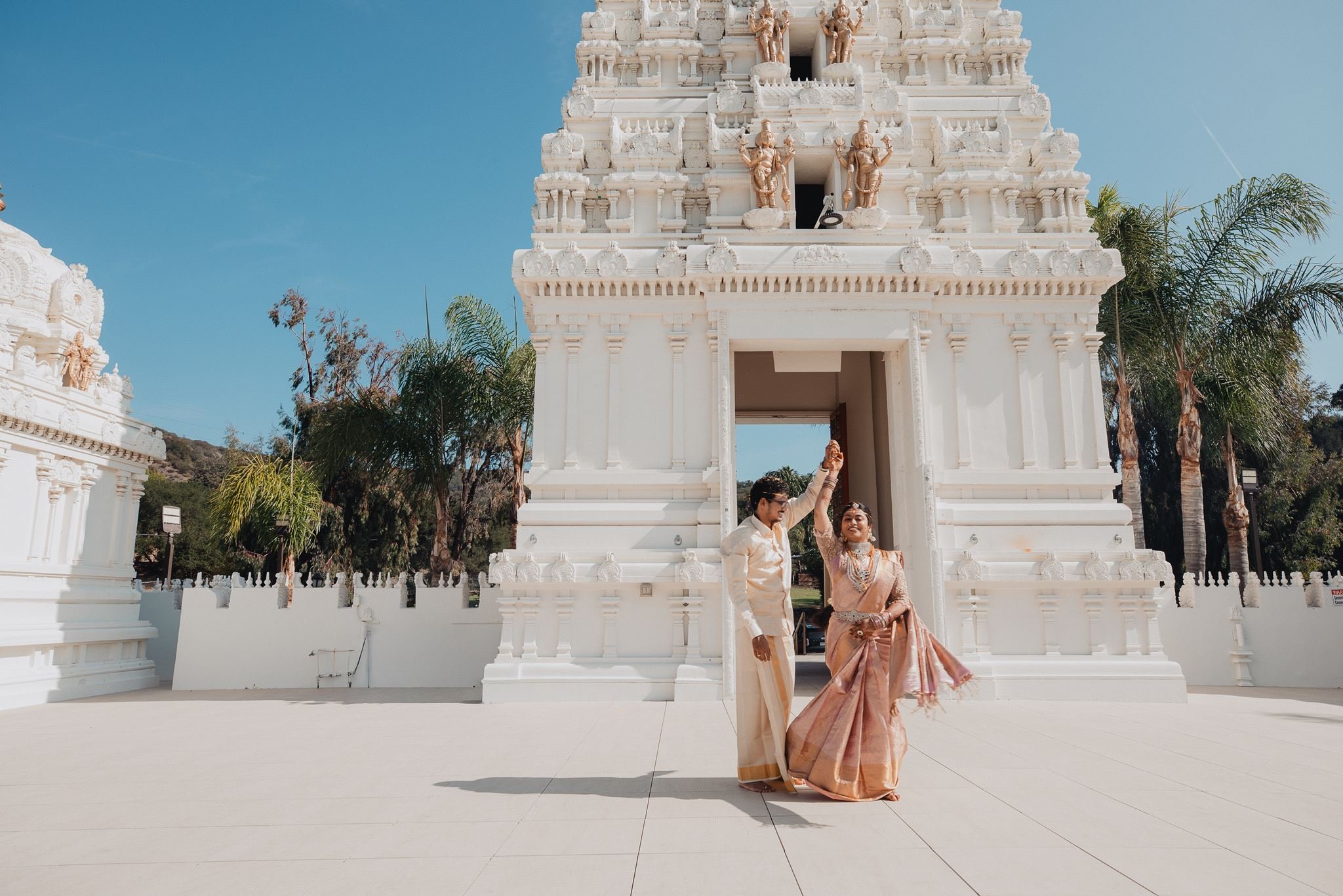 indian wedding couple portrait post ceremony at malibu hindu temple