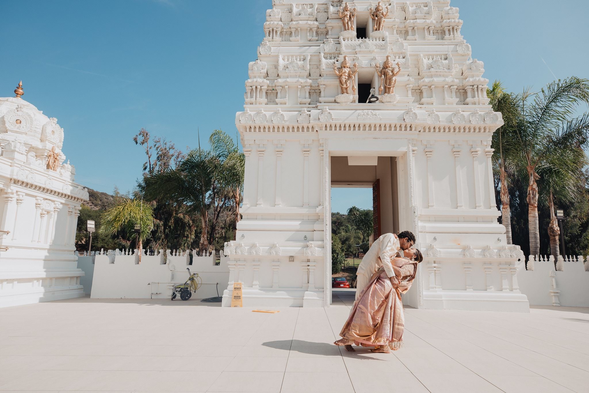 indian wedding couple portrait post ceremony at malibu hindu temple