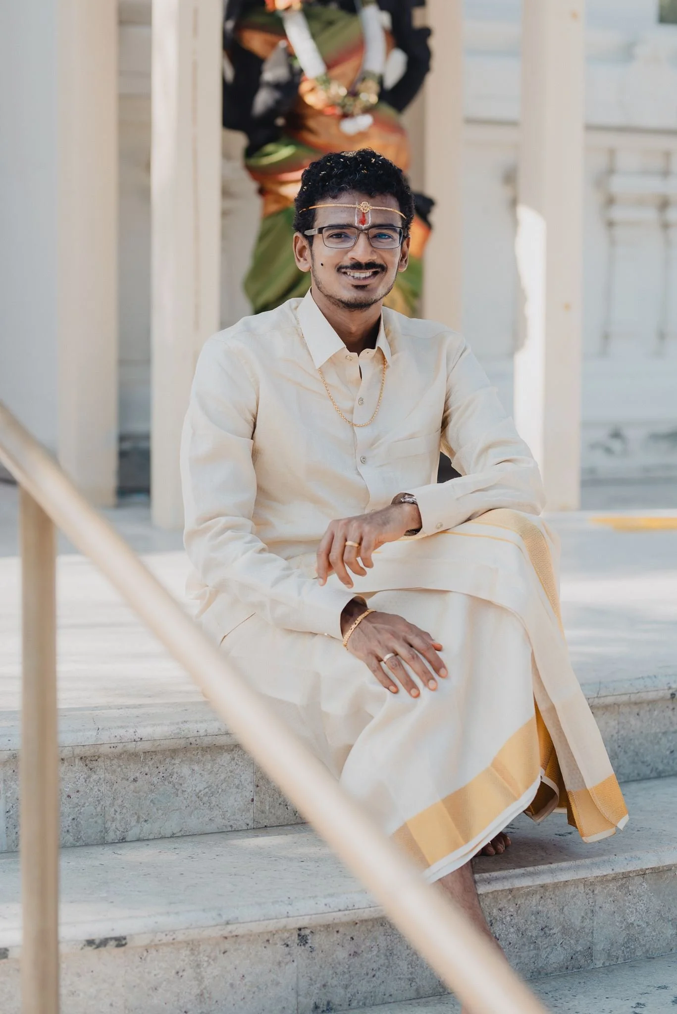 indian wedding couple portrait post ceremony at malibu hindu temple