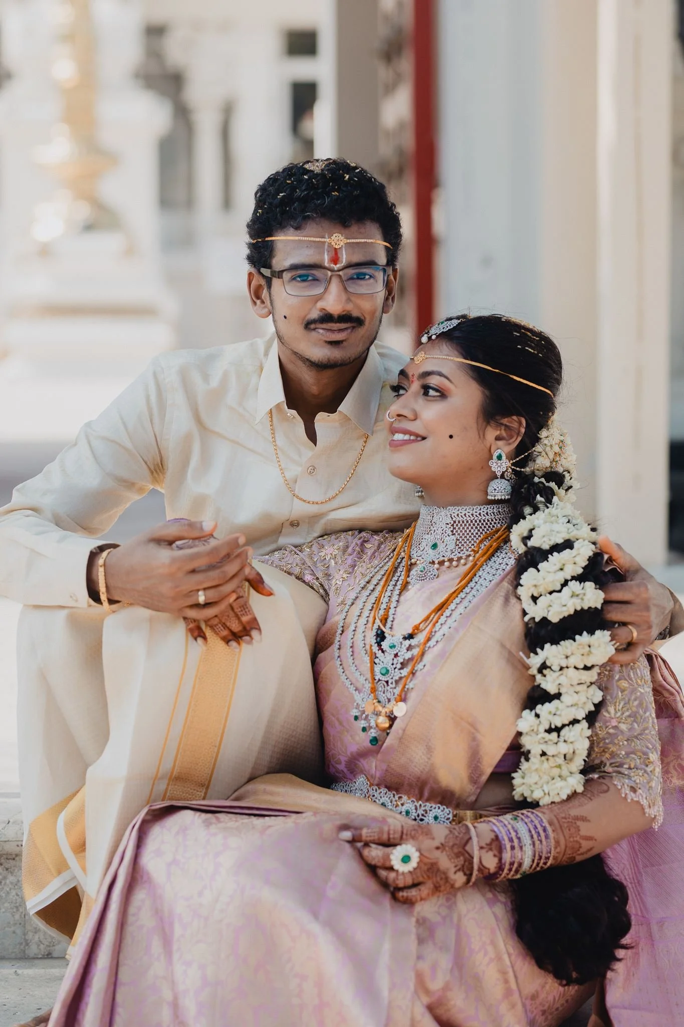 indian wedding couple portrait post ceremony at malibu hindu temple